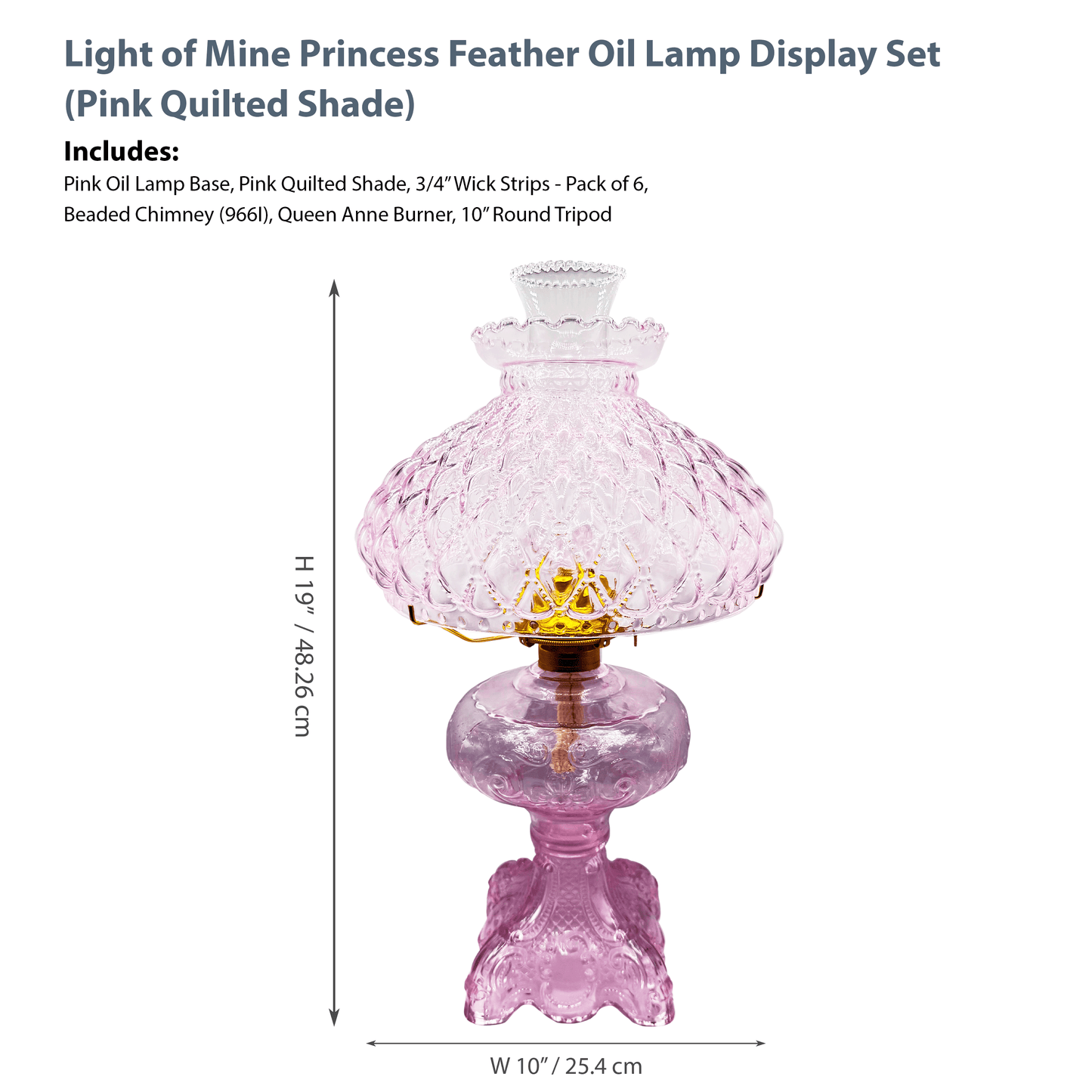 Light of Mine - Princess Feather Pink Oil Lamp Assembly with 10" Pink Quilted Shade and 100% Cotton Replacement 3/4" Wick Strips