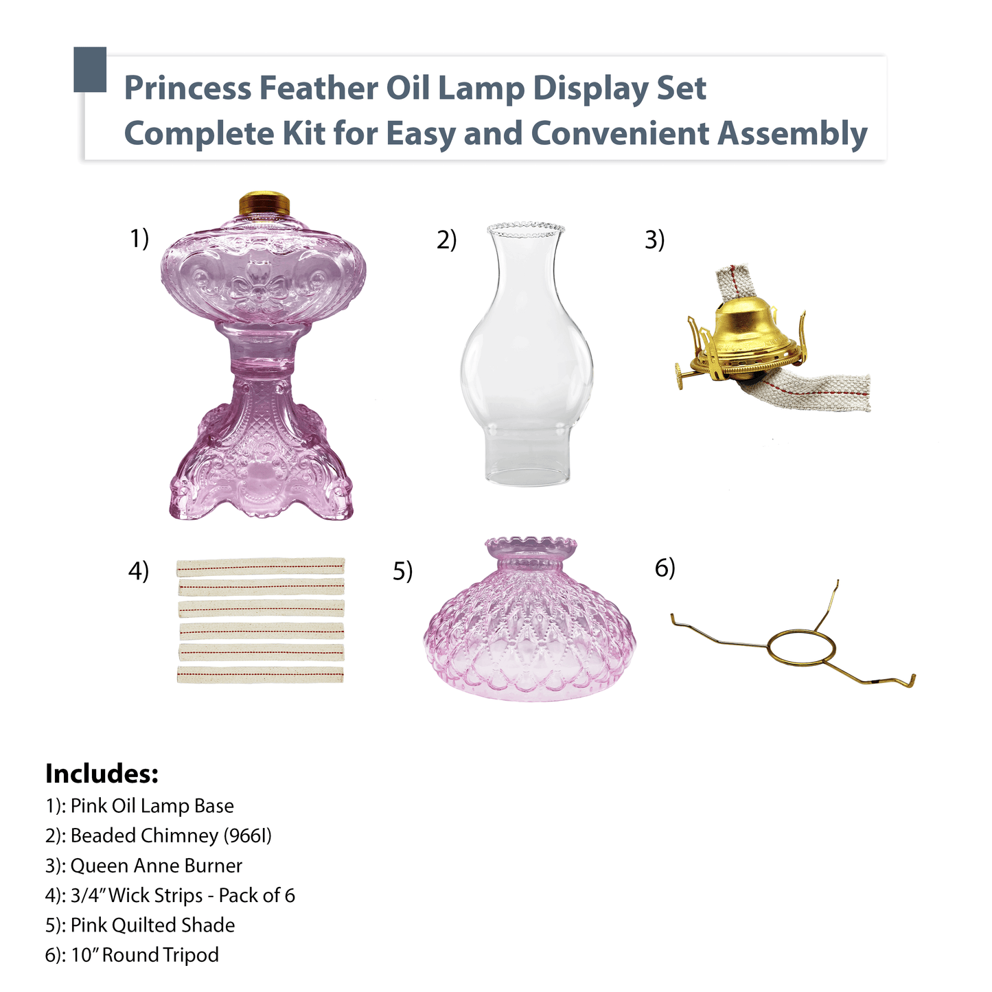 Light of Mine - Princess Feather Pink Oil Lamp Assembly with 10" Pink Quilted Shade and 100% Cotton Replacement 3/4" Wick Strips