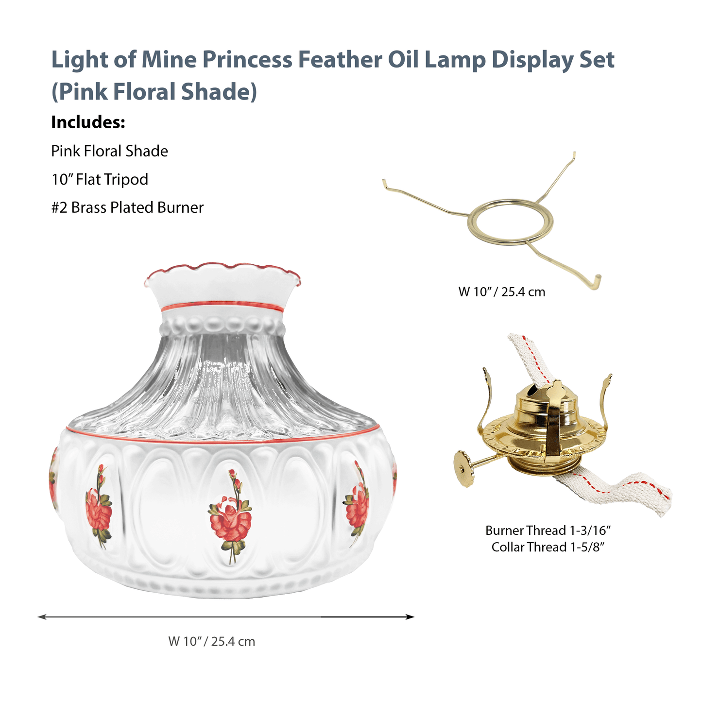 Light of Mine - Princess Feather Oil Lamp Replacement Kit Including 10" Pink Floral Shade, #2 Brass Plated Burner, and 10" Flat Tripod