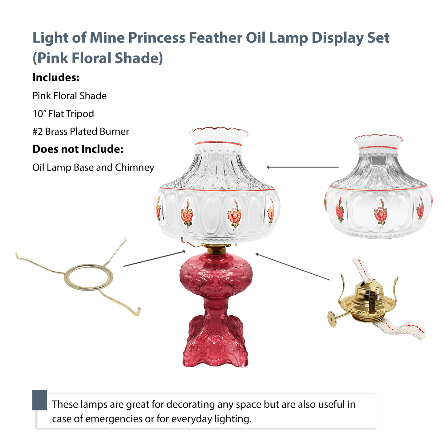 Light of Mine - Princess Feather Oil Lamp Replacement Kit Including 10" Pink Floral Shade, #2 Brass Plated Burner, and 10" Flat Tripod