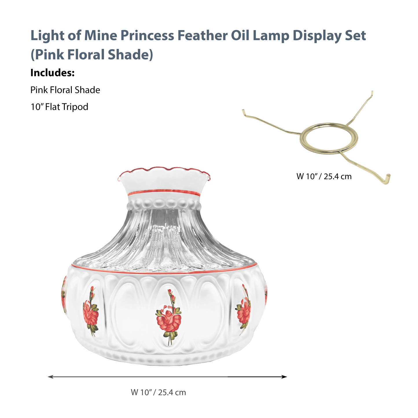 Light of Mine - Princess Feather Oil Lamp Replacement Kit Including 10" Pink Floral Shade and 10" Flat Tripod