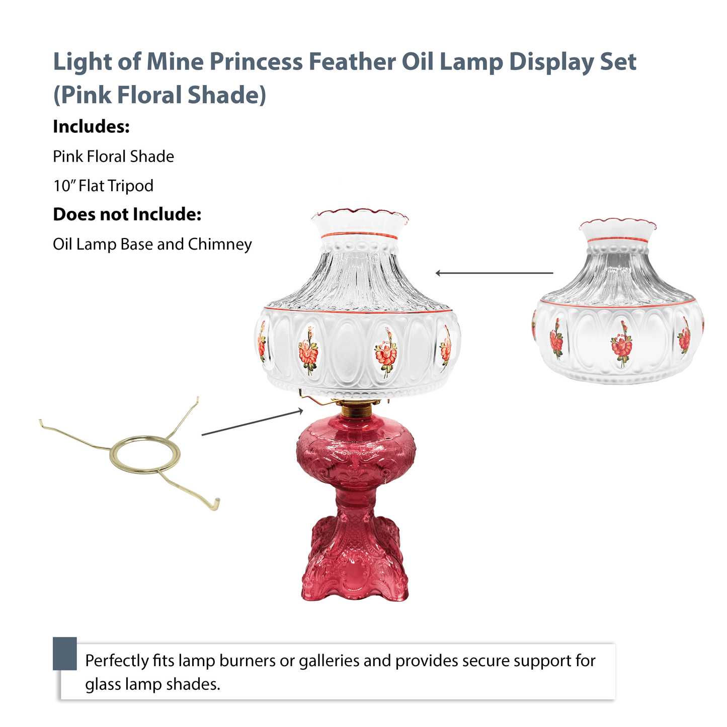 Light of Mine - Princess Feather Oil Lamp Replacement Kit Including 10" Pink Floral Shade and 10" Flat Tripod
