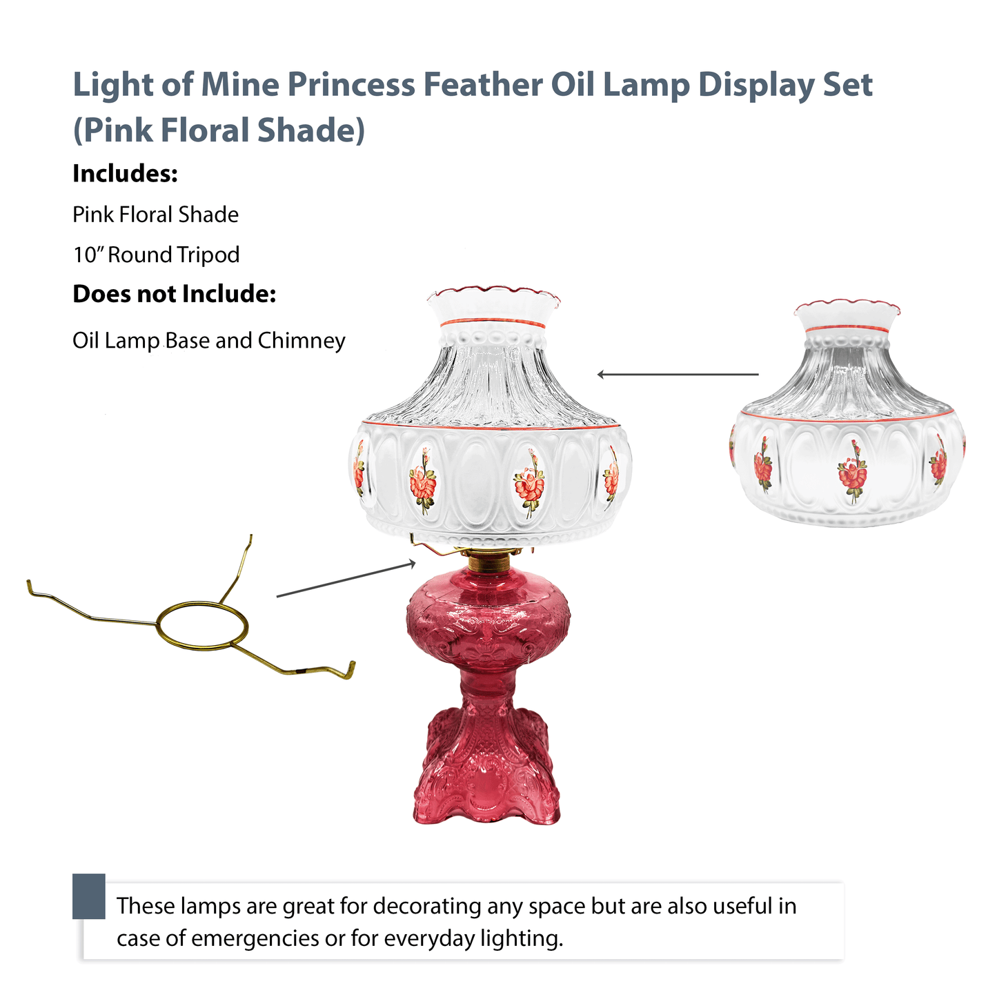 Light of Mine - Princess Feather Oil Lamp Replacement Kit Including 10" Pink Floral Shade and 10" Round Tripod