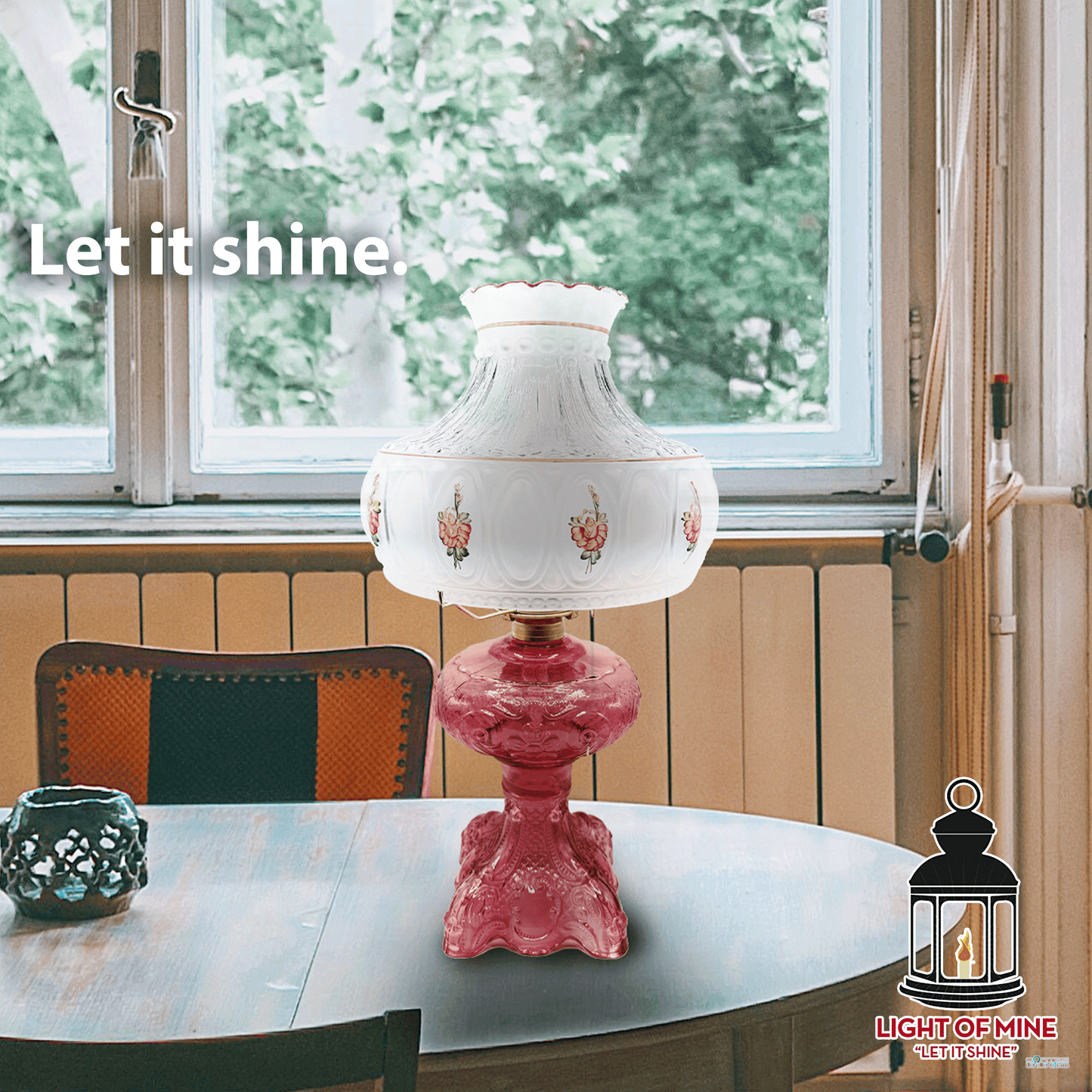 Light of Mine - Princess Feather Oil Lamp Replacement Kit Including 10" Pink Floral Shade and 10" Round Tripod