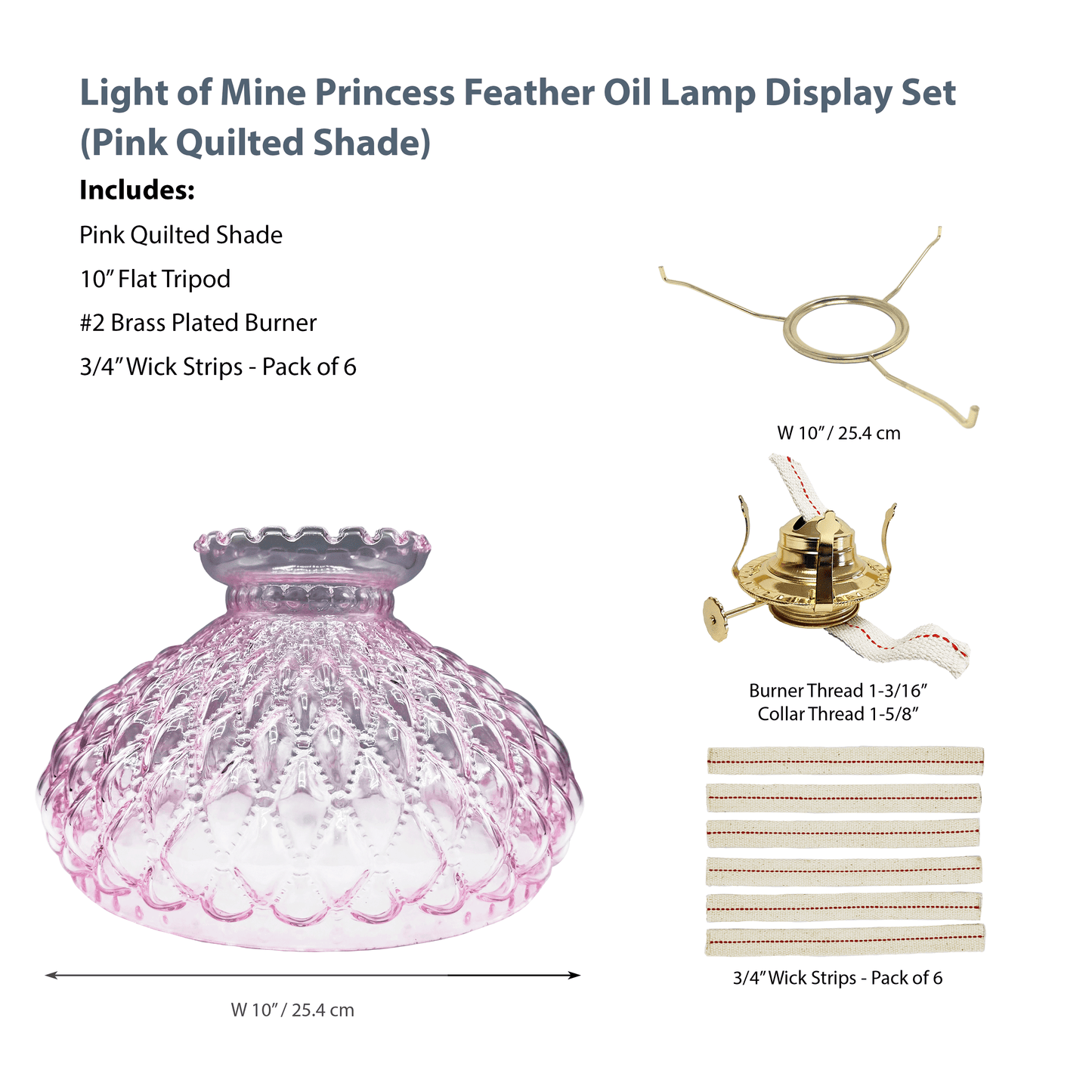 Light of Mine - Princess Feather Oil Lamp Replacement Kit Including 10" Flat Tripod, 10" Pink Quilted Shade, No. 2 Brass Plated Burner, and 100% Cotton 3/4" Replacement Wick Strips