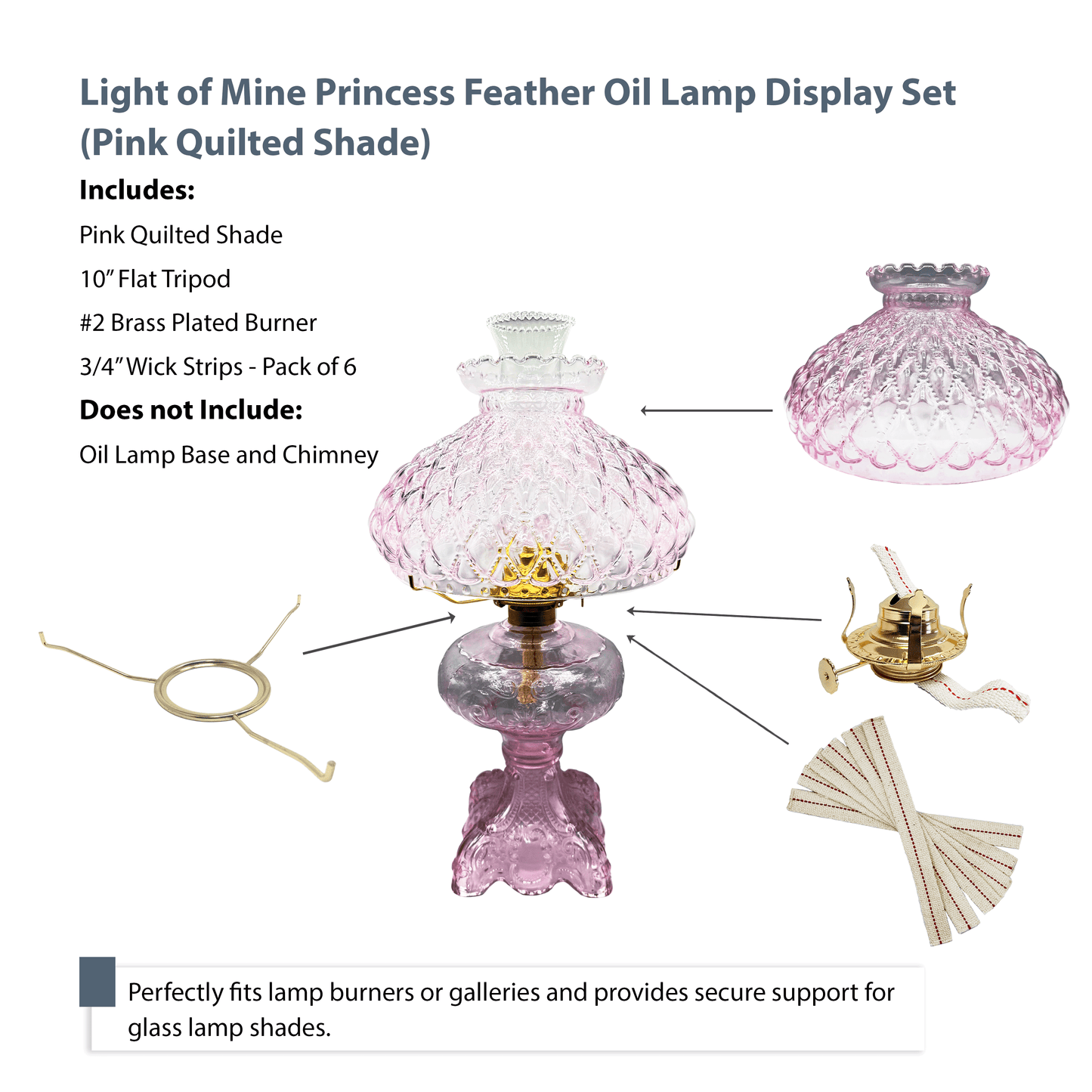 Light of Mine - Princess Feather Oil Lamp Replacement Kit Including 10" Flat Tripod, 10" Pink Quilted Shade, No. 2 Brass Plated Burner, and 100% Cotton 3/4" Replacement Wick Strips