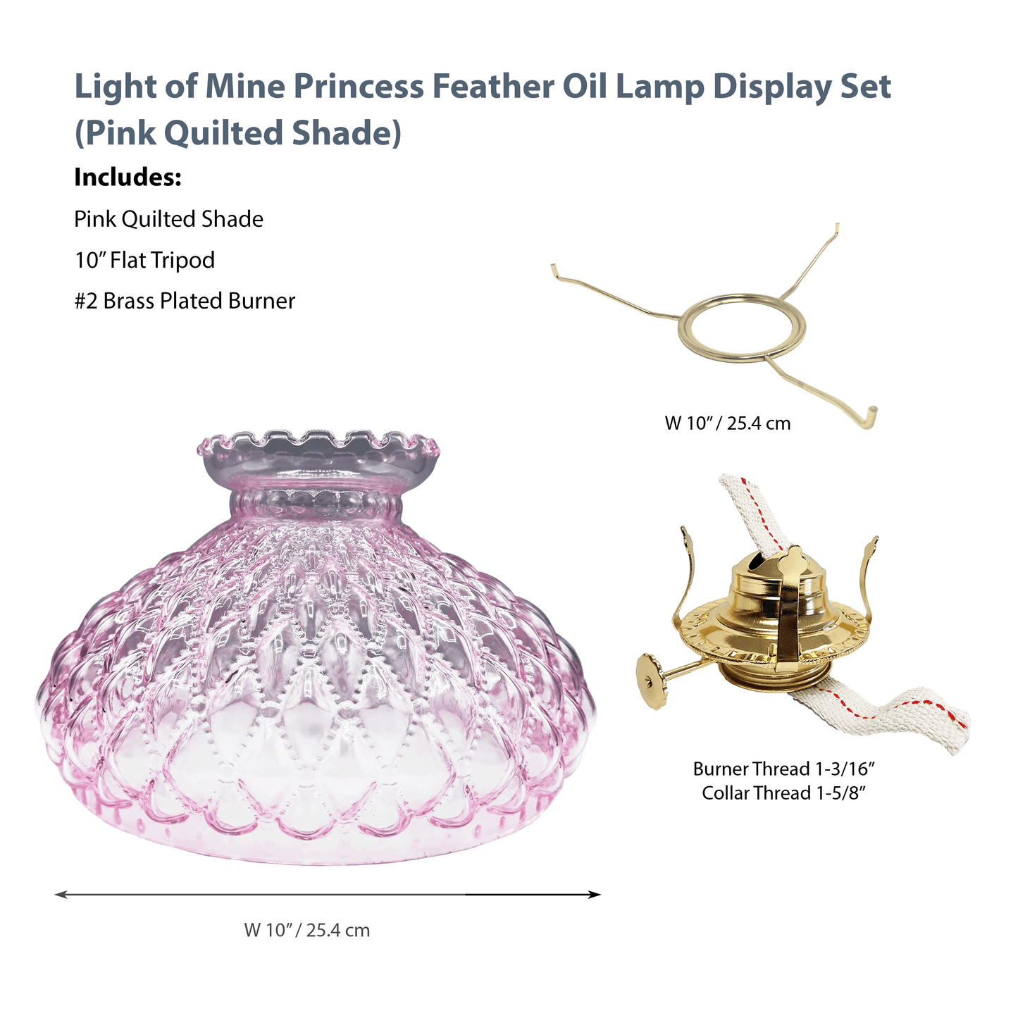 Light of Mine - Princess Feather Oil Lamp Replacement Kit Including 10" Flat Tripod, 10" Pink Quilted Shade, and No. 2 Brass Plated Burner