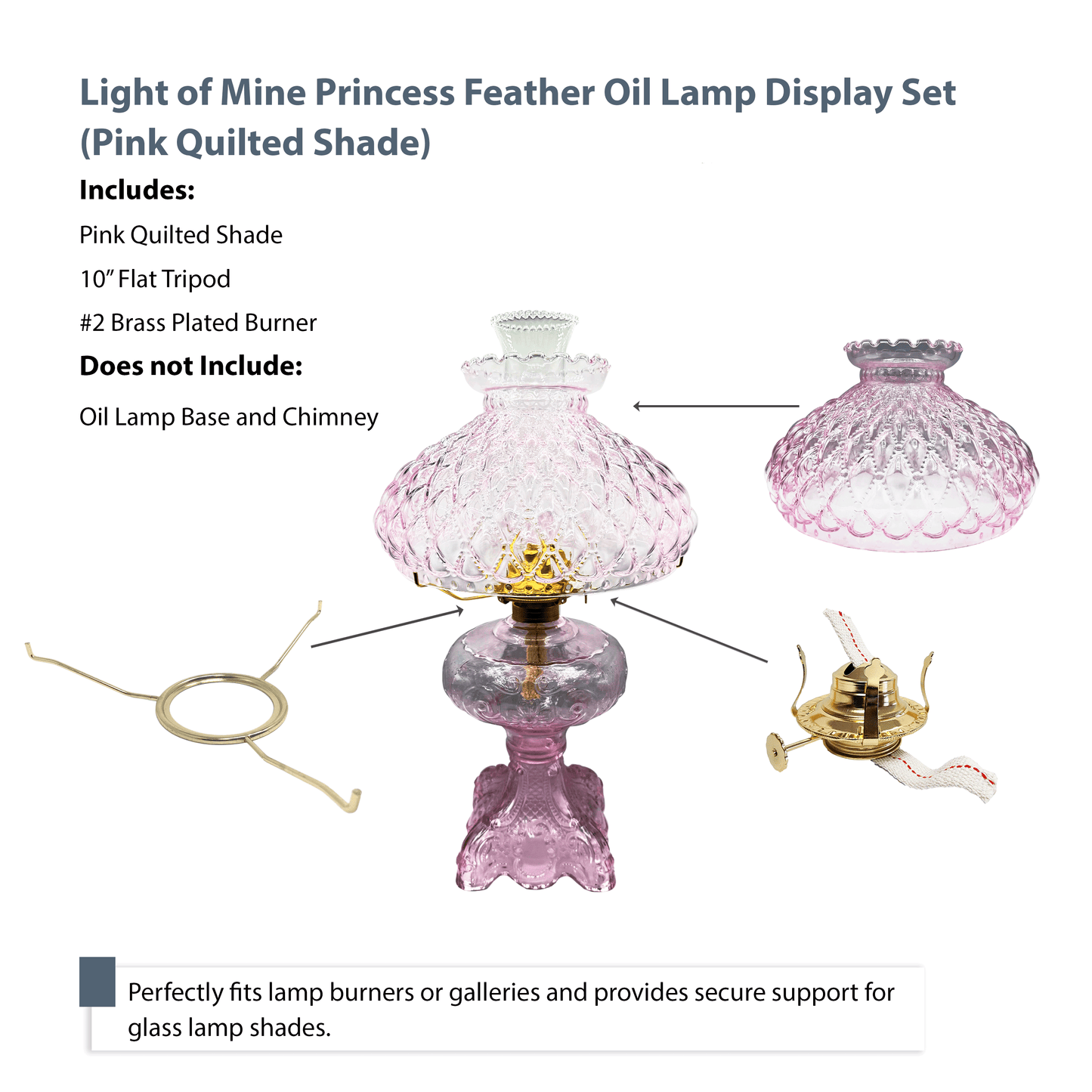 Light of Mine - Princess Feather Oil Lamp Replacement Kit Including 10" Flat Tripod, 10" Pink Quilted Shade, and No. 2 Brass Plated Burner