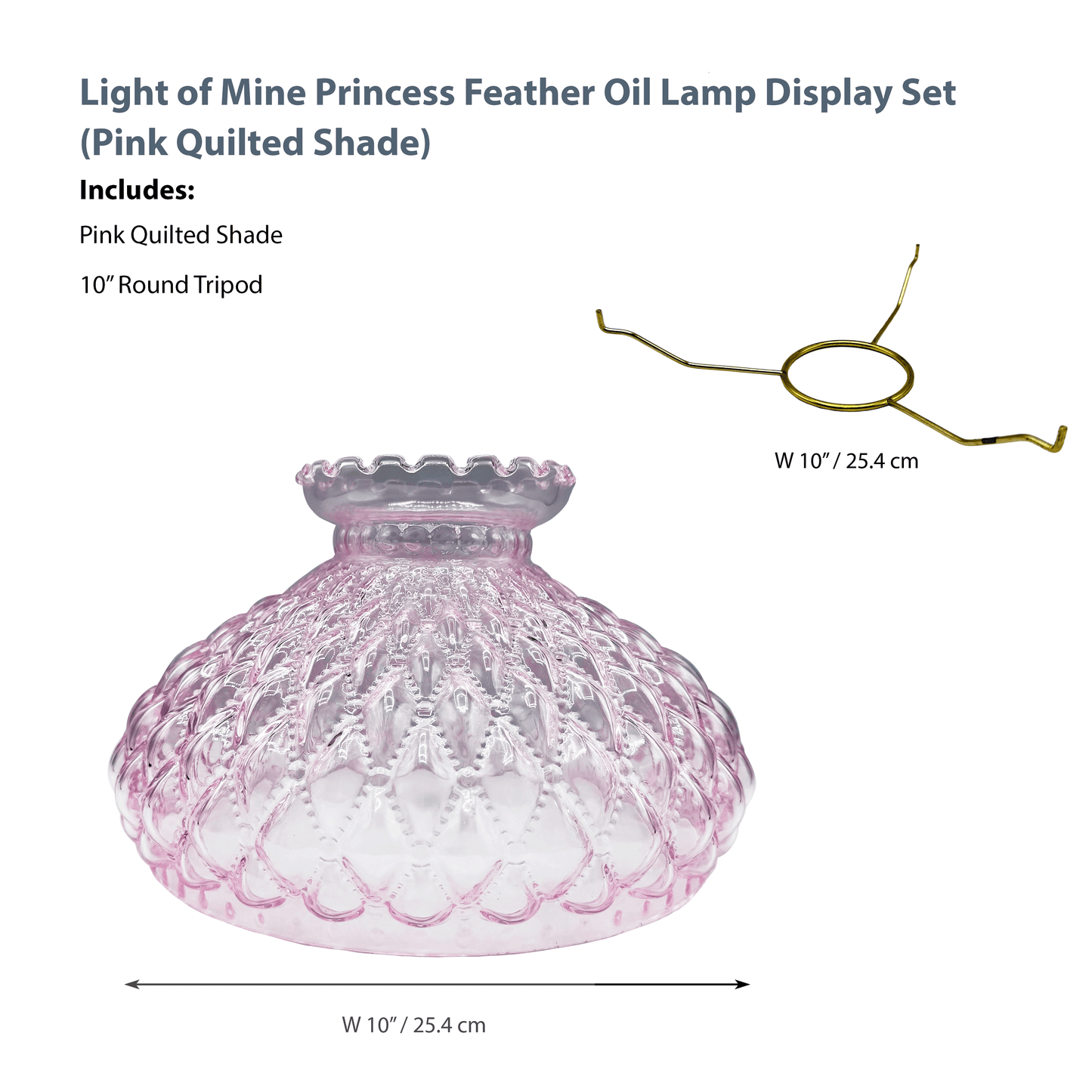 Light of Mine - Princess Feather Oil Lamp Replacement Kit Including 10" Pink Quilted Shade and 10" Round Tripod