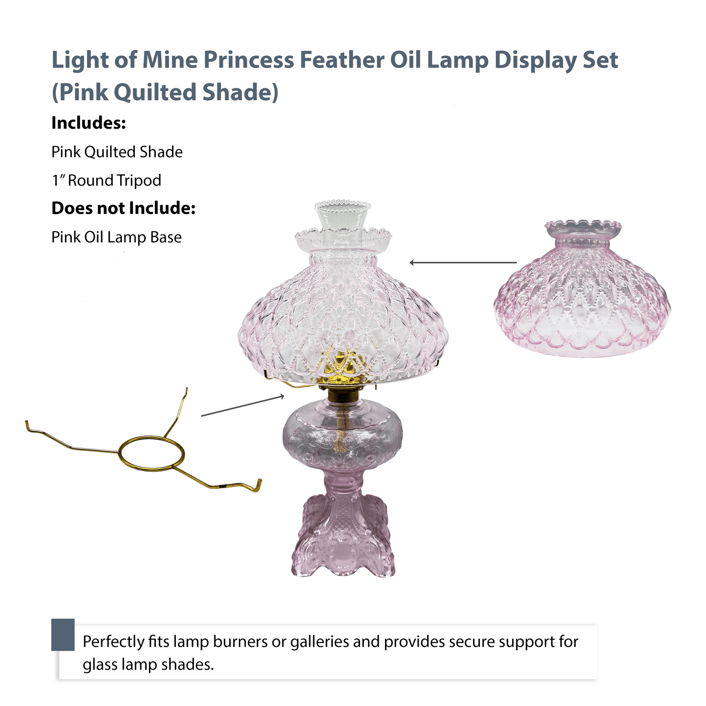 Light of Mine - Princess Feather Oil Lamp Replacement Kit Including 10" Pink Quilted Shade and 10" Round Tripod