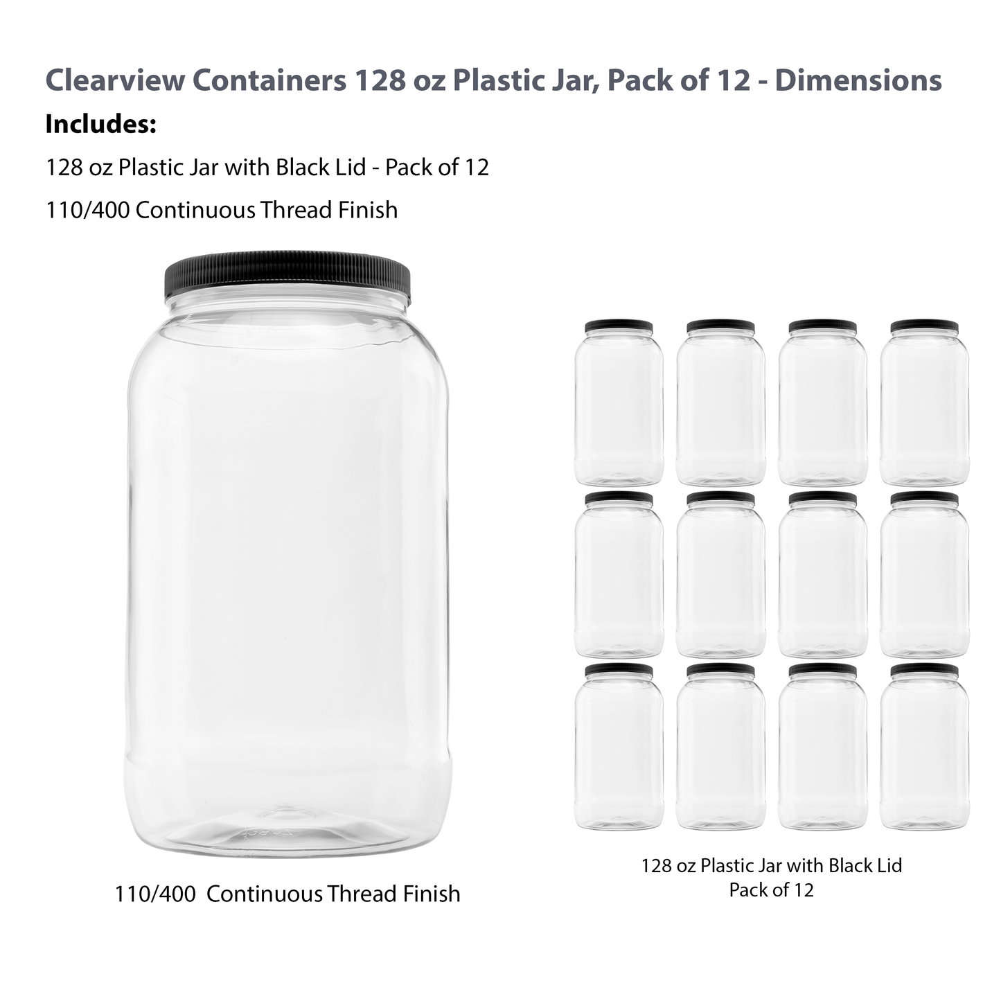 Clearview Containers - 12 Pack of 128 Ounce Plastic Gallon Jars with 110/400 Black Leak Proof Seal Lid - Food Grade and BPA Free (128oz, 12pk, BLK)