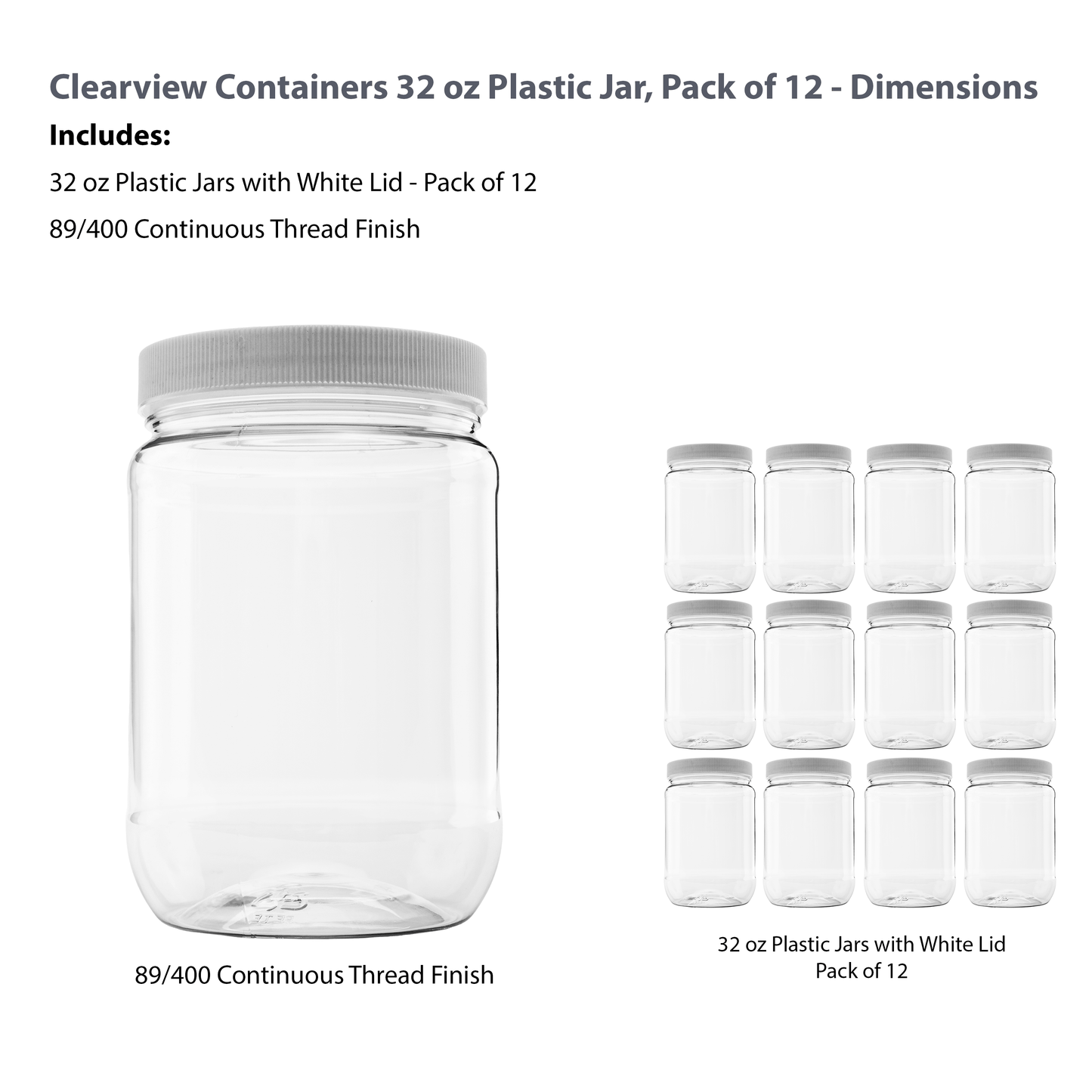 Clearview Containers - 12 Pack of 32 Ounce Plastic Quart Jars with 89RM Leak Proof Seal Lid - Food Grade and BPA Free (32oz, 12pk)