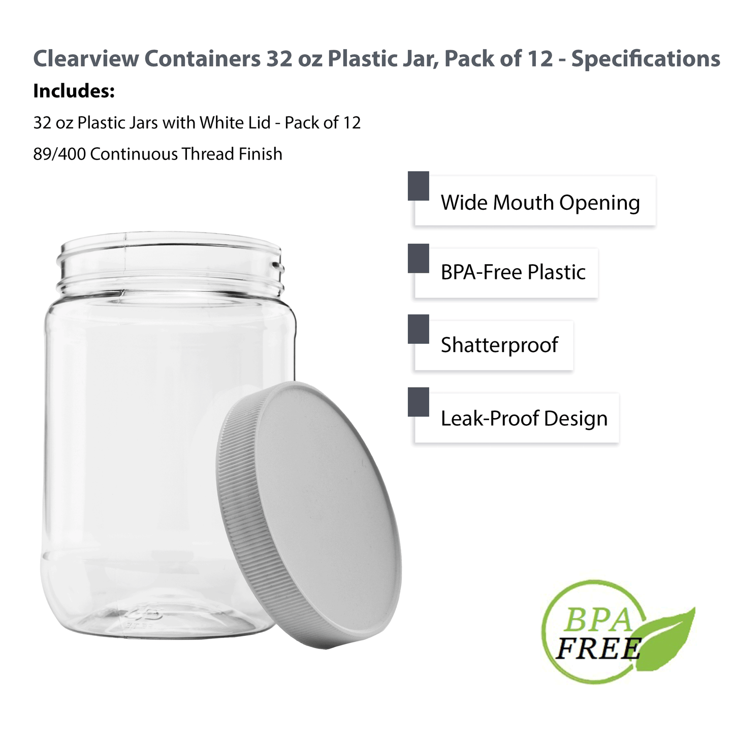 Clearview Containers - 12 Pack of 32 Ounce Plastic Quart Jars with 89RM Leak Proof Seal Lid - Food Grade and BPA Free (32oz, 12pk)