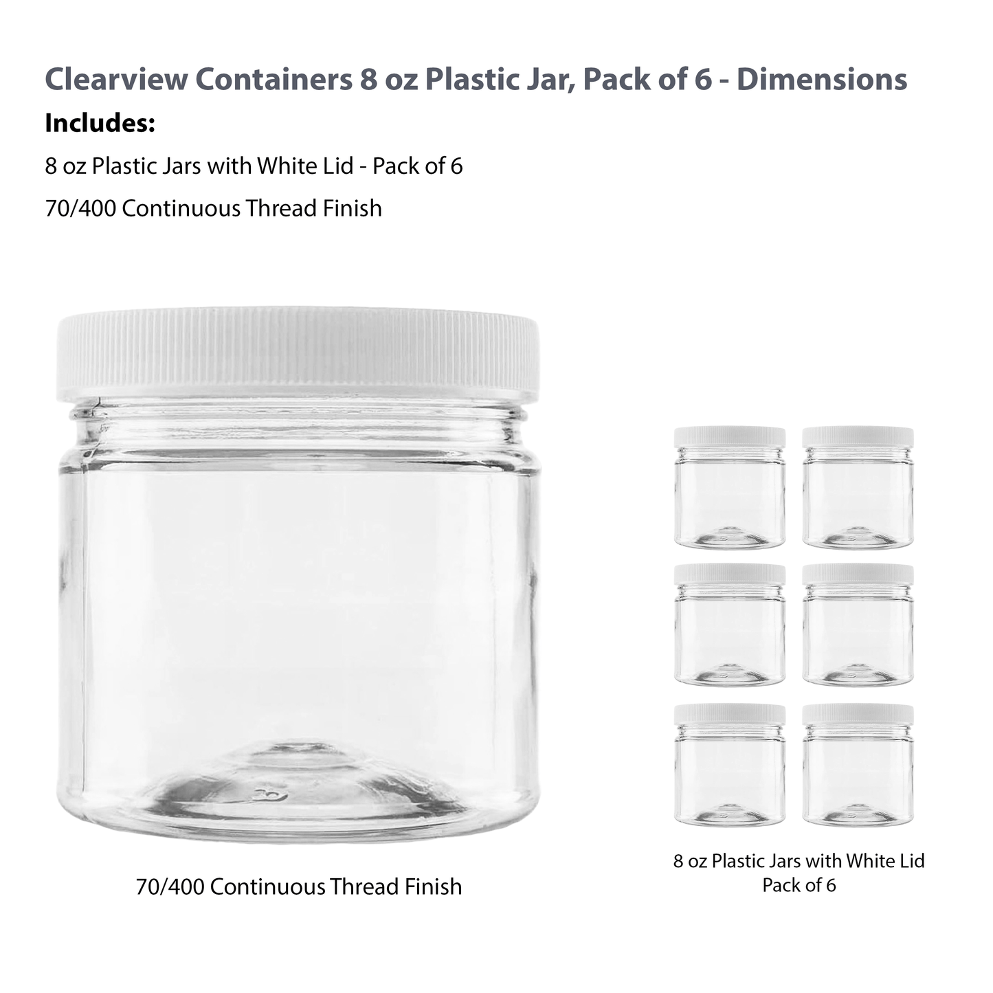 Clearview Containers - 6 Pack of 8 Ounce Plastic 1 Cup Jars with 70RM Leak Proof Seal Lid - Food Grade and BPA Free (8oz, 6pk)