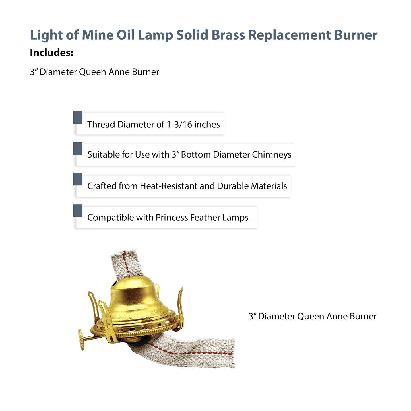Light of Mine - Queen Anne Solid Brass Replacement Burner for Antique Hurricane Lamps (1 Pack)