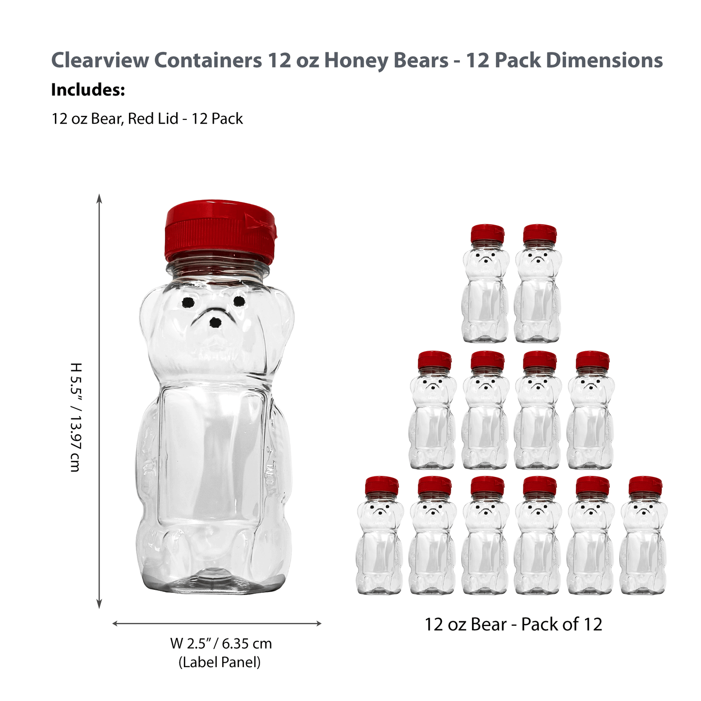Clearview Containers - 12 Pack of 12 Ounce Clear Honey Bears with Sealable Red Flip Top Lids (12 oz. Clear Bear, 12pk, Red)