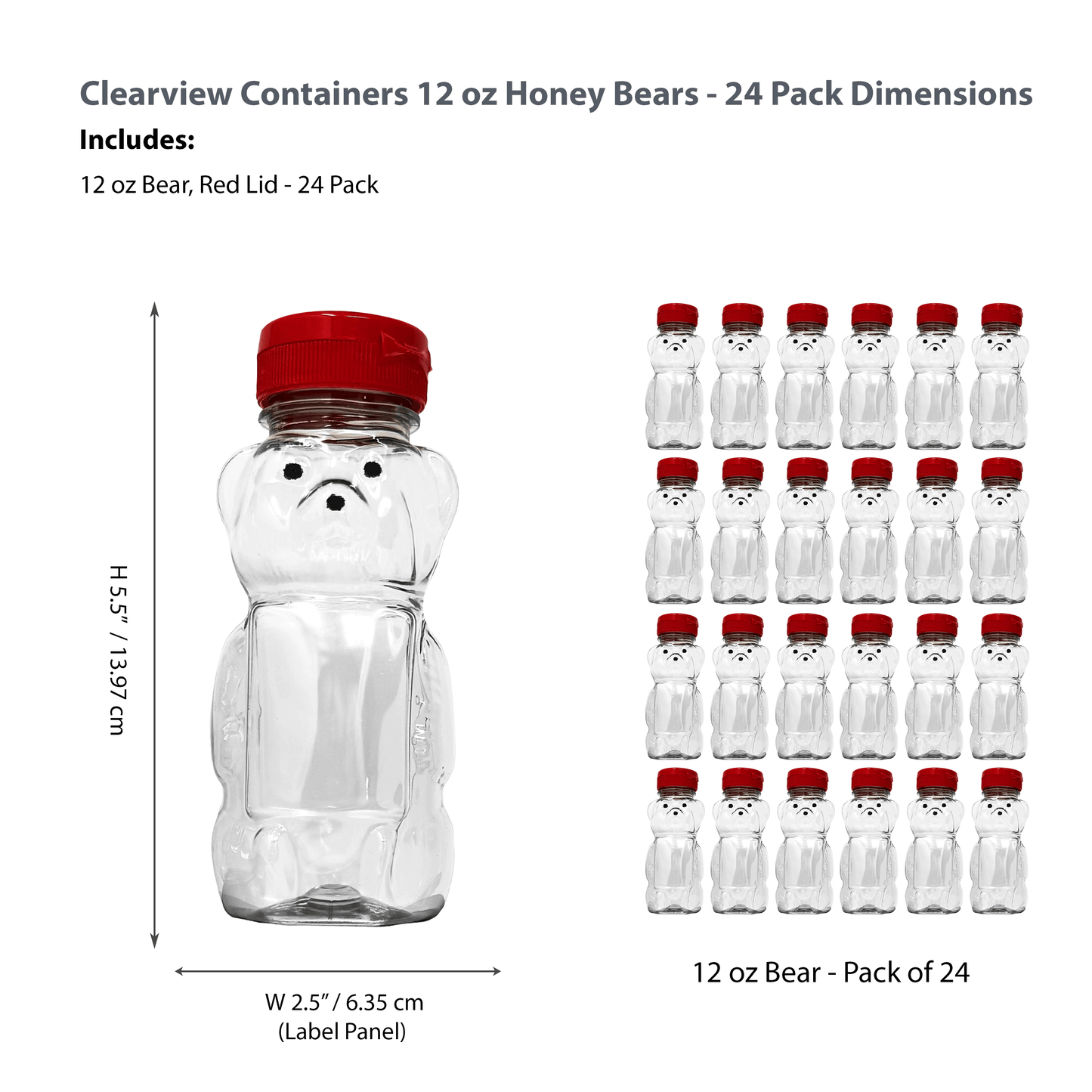 Clearview Containers - 24 Pack of 12 Ounce Clear Honey Bears with Sealable Red Flip Top Lids (12 oz. Clear Bear, 24pk, Red)