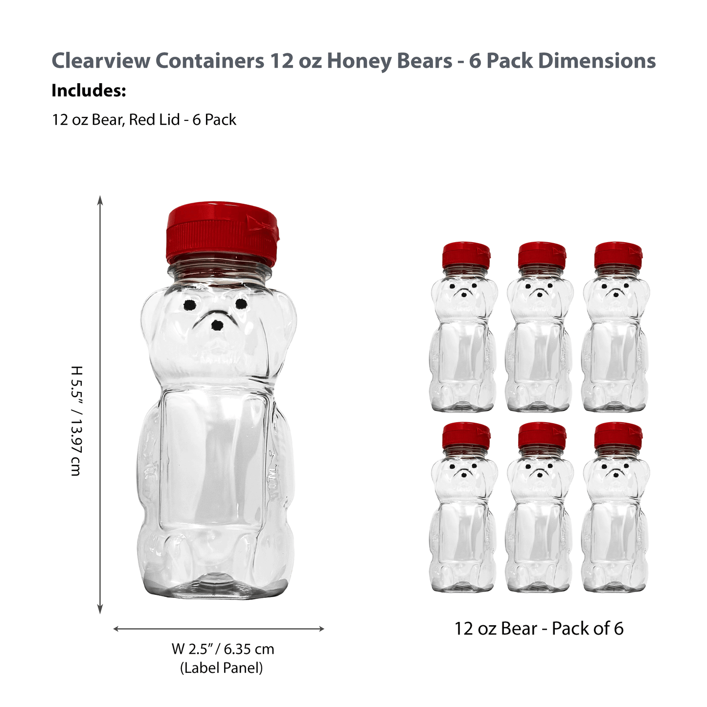 Clearview Containers - 6 Pack of 12 Ounce Clear Honey Bears with Sealable Red Flip Top Lids (12 oz. Clear Bear, 6pk, Red)