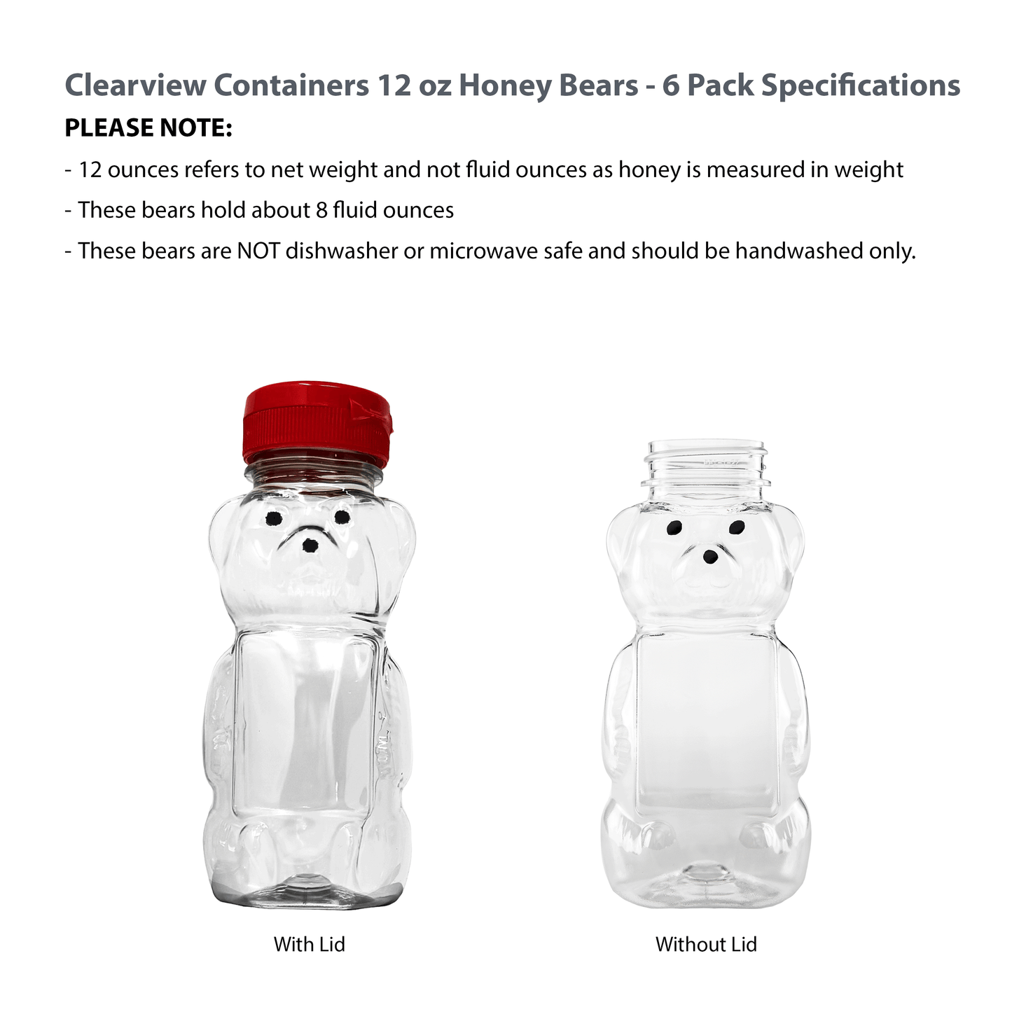 Clearview Containers - 6 Pack of 12 Ounce Clear Honey Bears with Sealable Red Flip Top Lids (12 oz. Clear Bear, 6pk, Red)