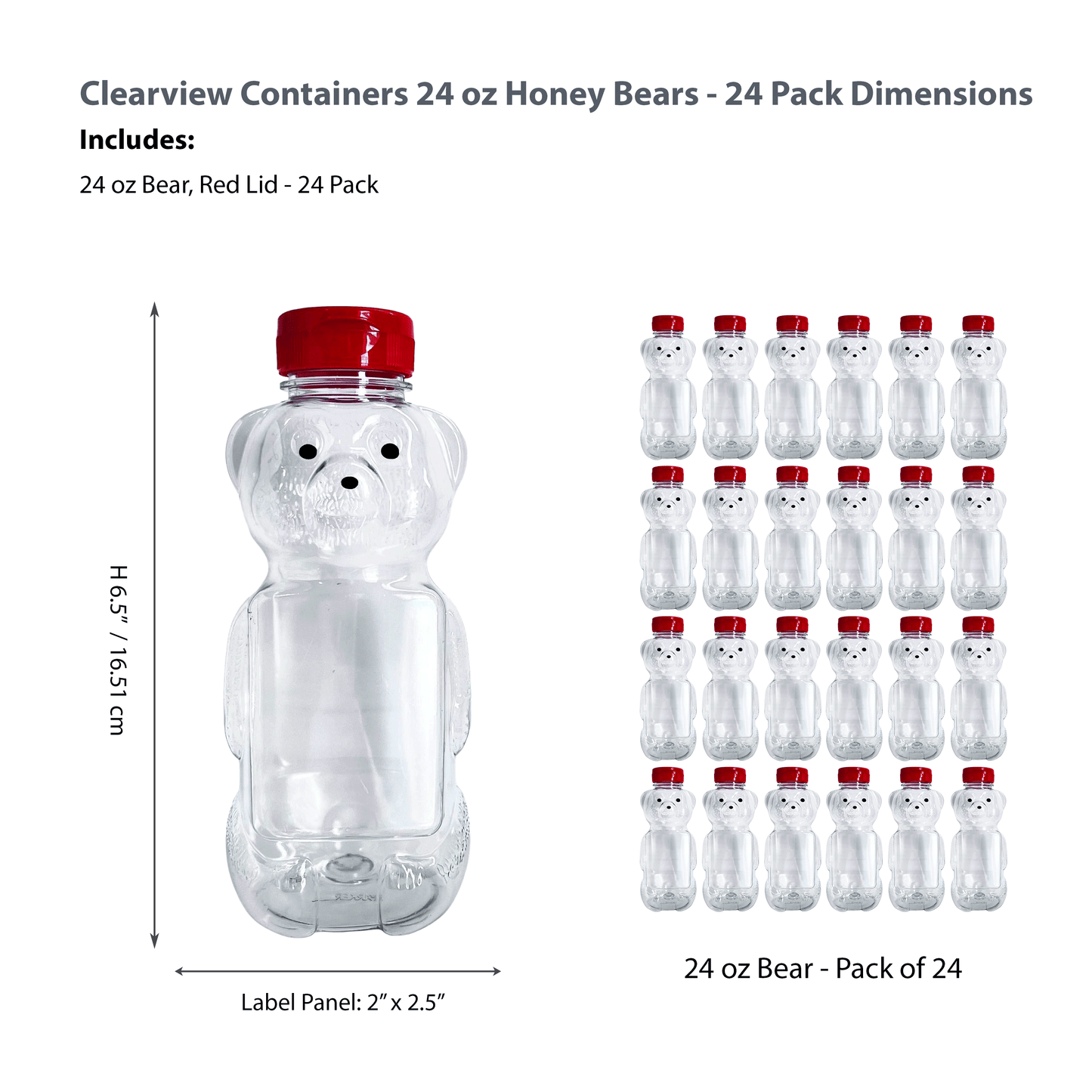 Clearview Containers - 24 Pack of 24 Ounce Honey Bears with Sealable Red Flip Top Lids (24 oz. Bear, 24pk, Red)