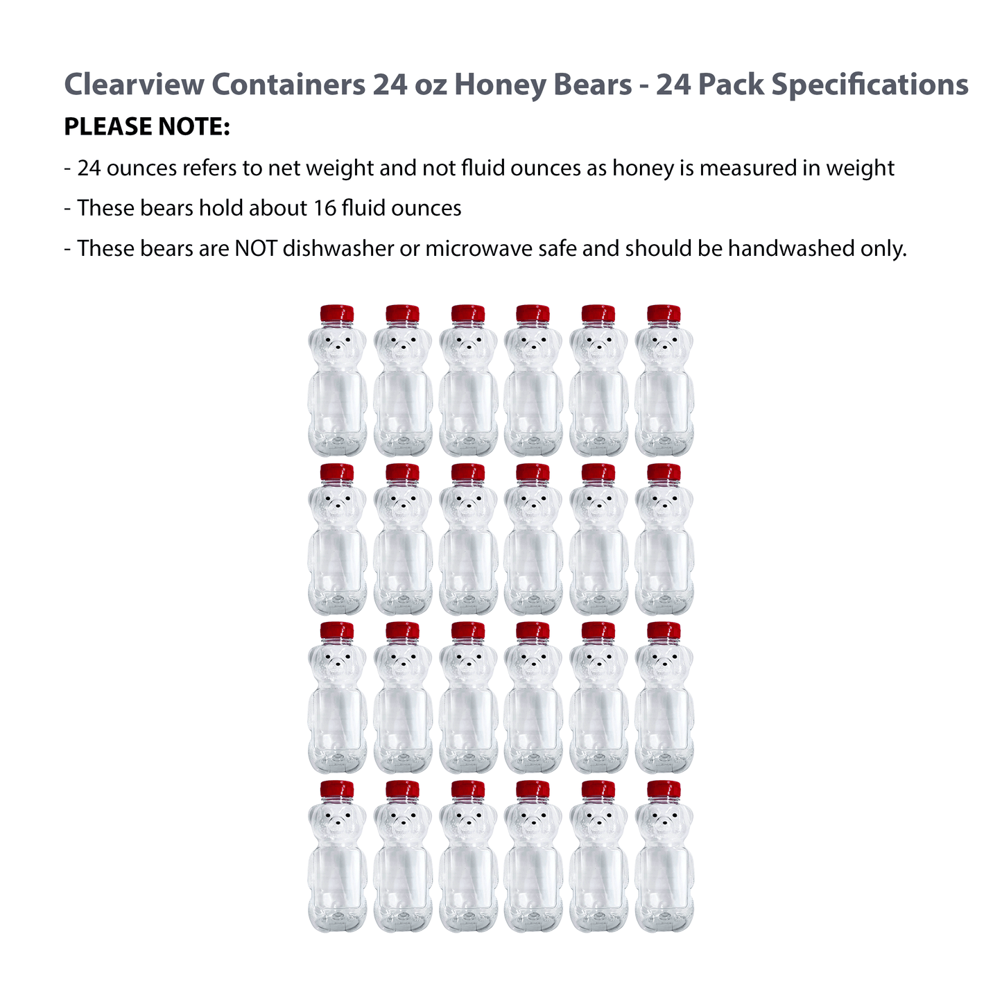 Clearview Containers - 24 Pack of 24 Ounce Honey Bears with Sealable Red Flip Top Lids (24 oz. Bear, 24pk, Red)