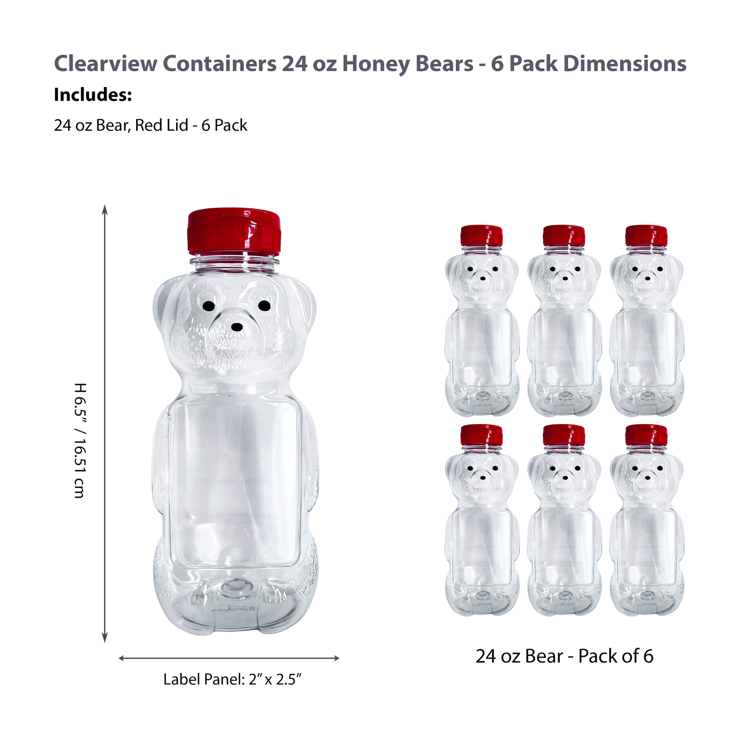 Clearview Containers - 6 Pack of 24 Ounce Honey Bears with Sealable Red Flip Top Lids (24 oz. Bear, 6pk, Red)