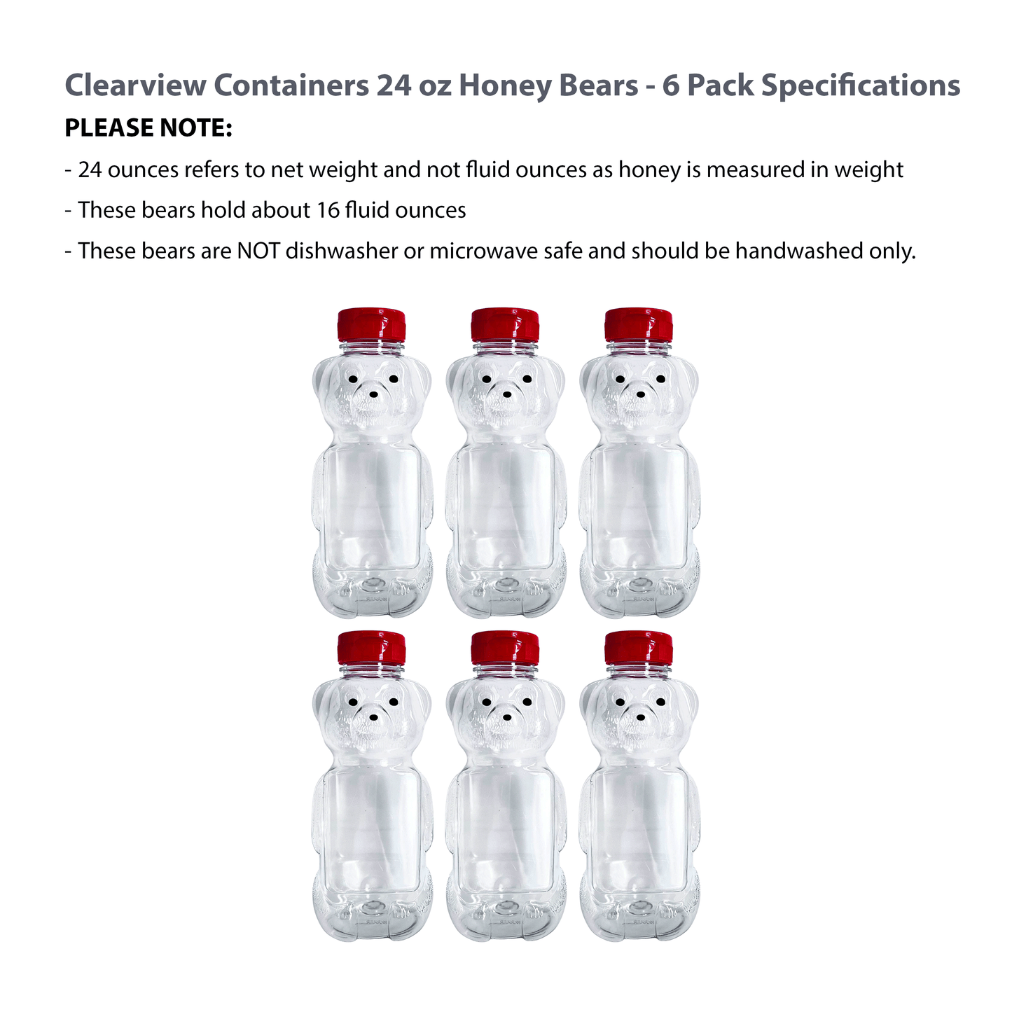 Clearview Containers - 6 Pack of 24 Ounce Honey Bears with Sealable Red Flip Top Lids (24 oz. Bear, 6pk, Red)