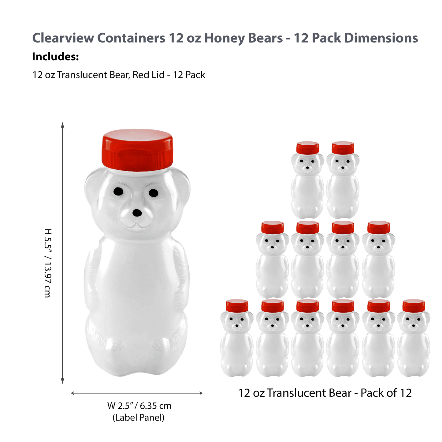 Clearview Containers - 12 Pack of 12 Ounce Cloudy Honey Bears with Sealable Red Flip Top Lids (12 oz. Cloudy Bear, 12pk, Red)