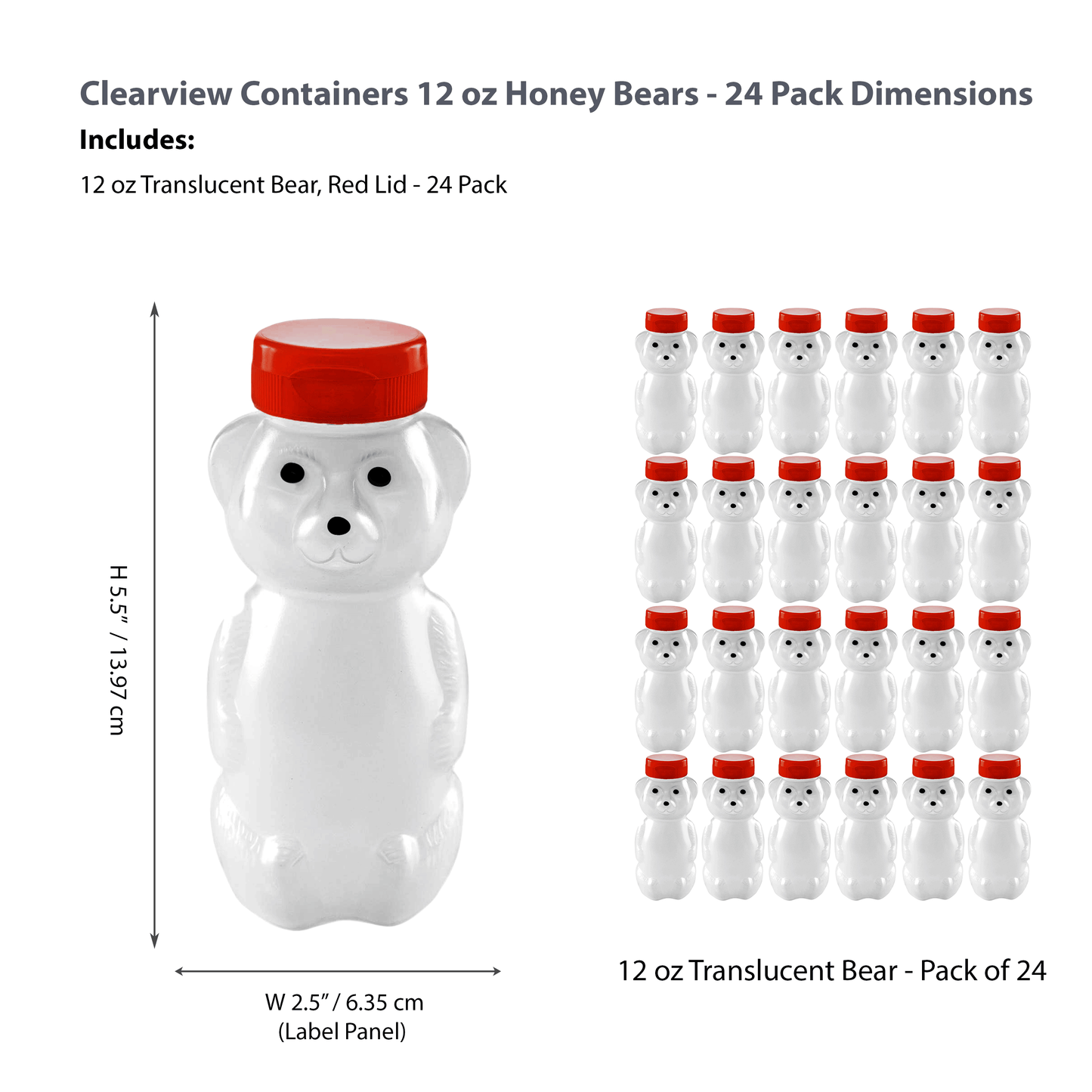 Clearview Containers - 24 Pack of 12 Ounce Cloudy Honey Bears with Sealable Red Flip Top Lids (12 oz. Cloudy Bear, 24pk, Red)