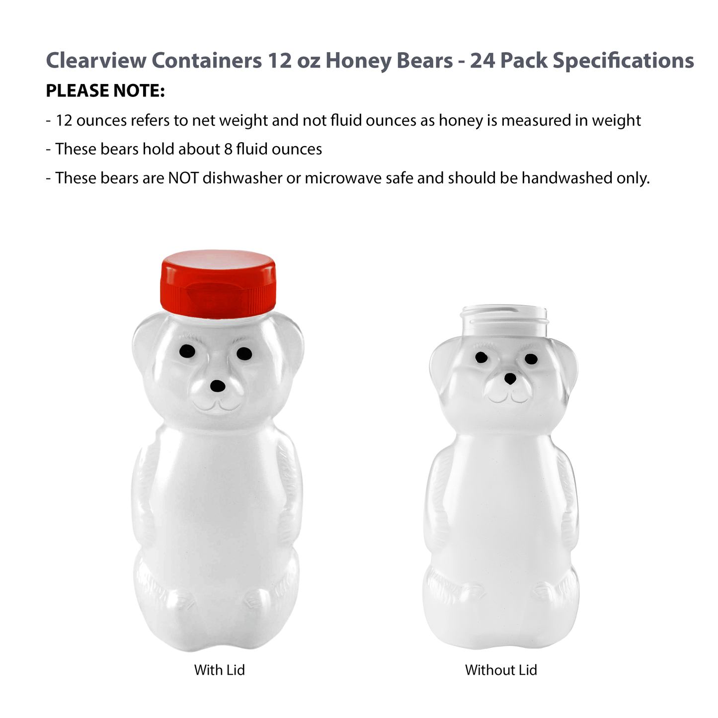 Clearview Containers - 24 Pack of 12 Ounce Cloudy Honey Bears with Sealable Red Flip Top Lids (12 oz. Cloudy Bear, 24pk, Red)