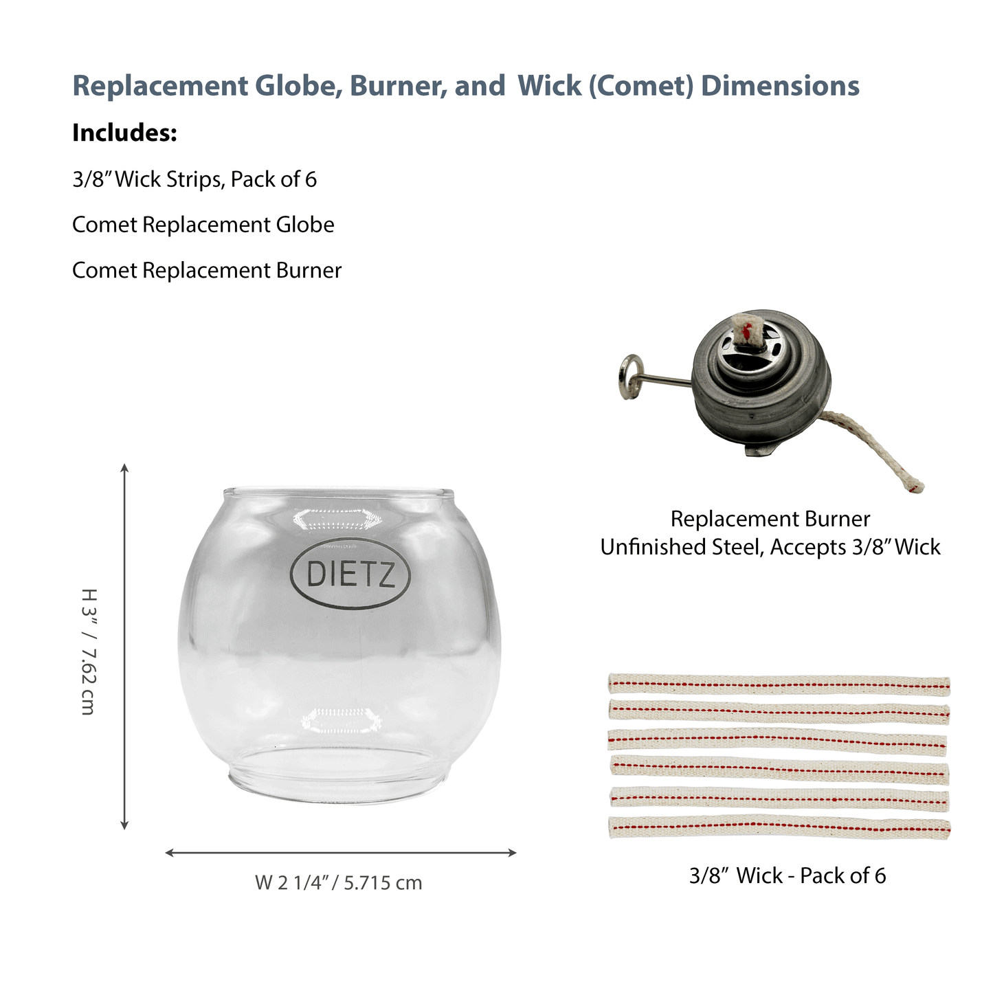 Light of Mine - Dietz #50 Comet Replacement Kit Including Globe, Burner, and 100% Cotton 3/8" Wick Strips (Comet)