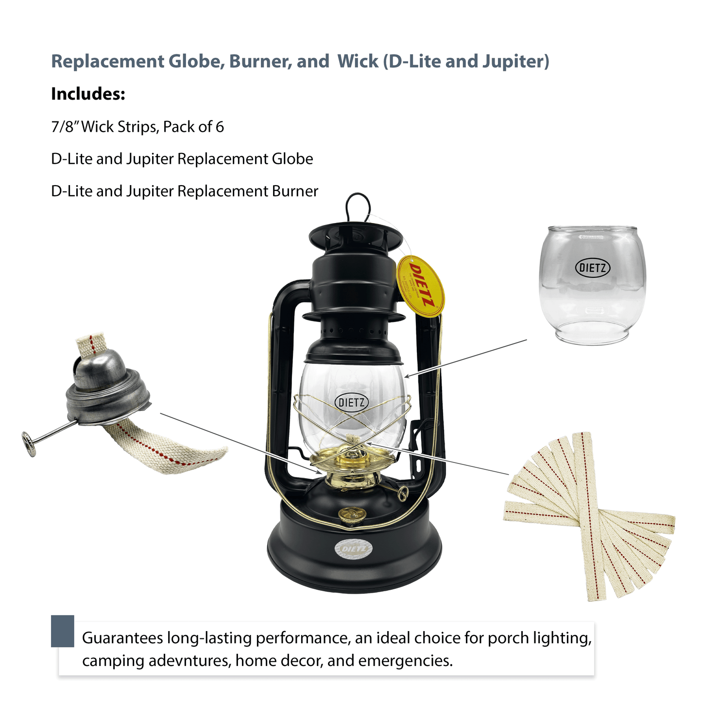 Light of Mine - Dietz #2500 Jupiter/#90 D-Lite Oil Lantern Replacement Kit Including Globe, Burner, and 100% Cotton 7/8" Wick Strips (Jupiter/D-Lite)