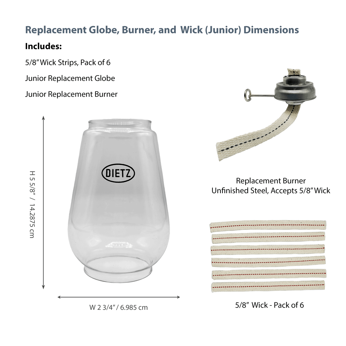 Light of Mine - Dietz #20 Junior Oil Lantern Replacement Kit Including Globe, Burner, and 100% Cotton 5/8" Wick Strips (Junior)