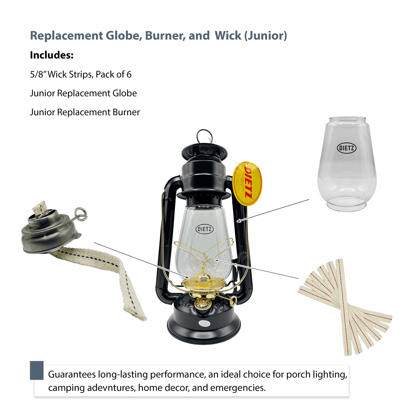 Light of Mine - Dietz #20 Junior Oil Lantern Replacement Kit Including Globe, Burner, and 100% Cotton 5/8" Wick Strips (Junior)