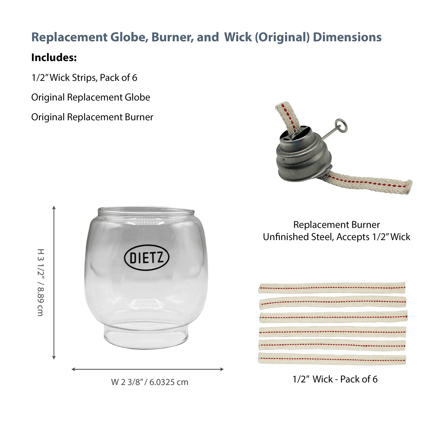 Light of Mine - Dietz #76 Original/#78 Mars Replacement Kit Including Globe, Burner, and 100% Cotton 1/2" Wick Strips (Original)