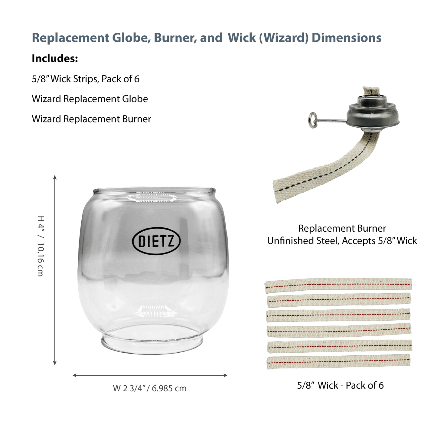 Light of Mine - Dietz #01, #30 Little Wizard Oil Lantern Replacement Kit Including Globe, Burner, and 100% Cotton 5/8" Wick Strips (Little Wizard)