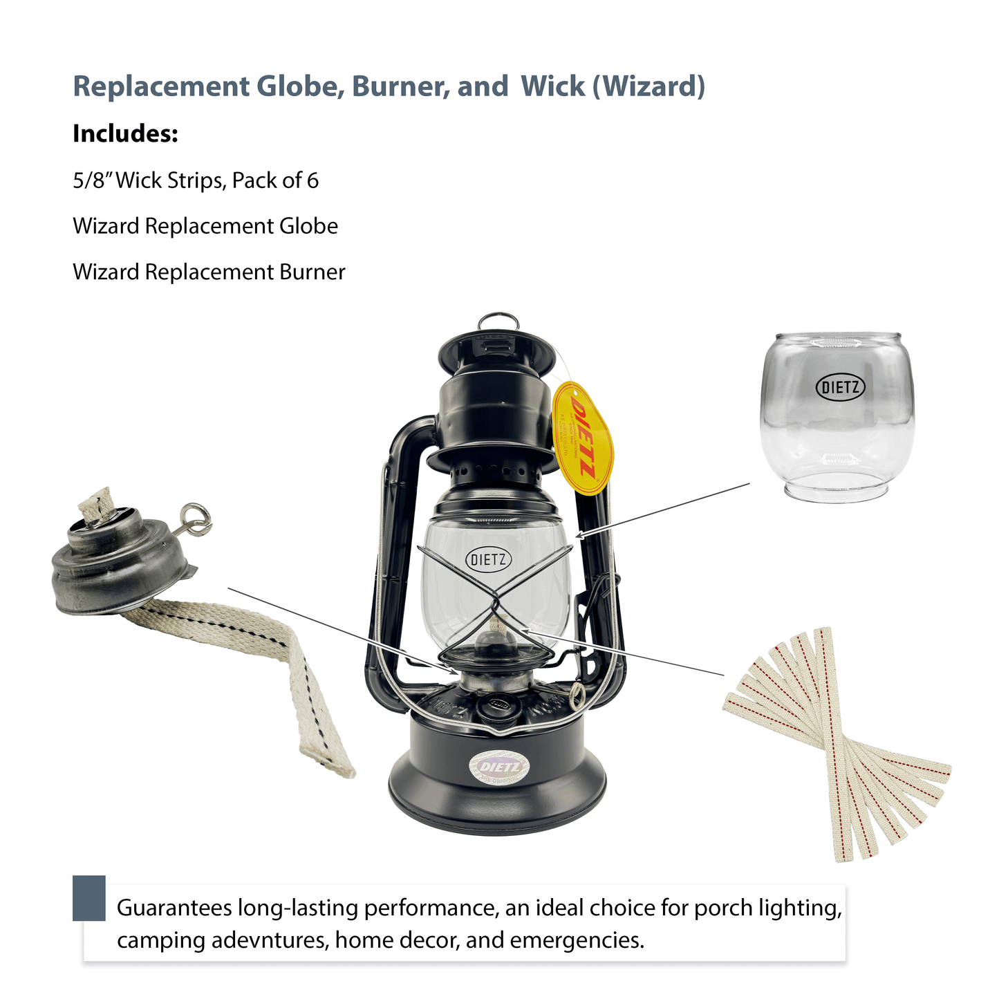Light of Mine - Dietz #01, #30 Little Wizard Oil Lantern Replacement Kit Including Globe, Burner, and 100% Cotton 5/8" Wick Strips (Little Wizard)