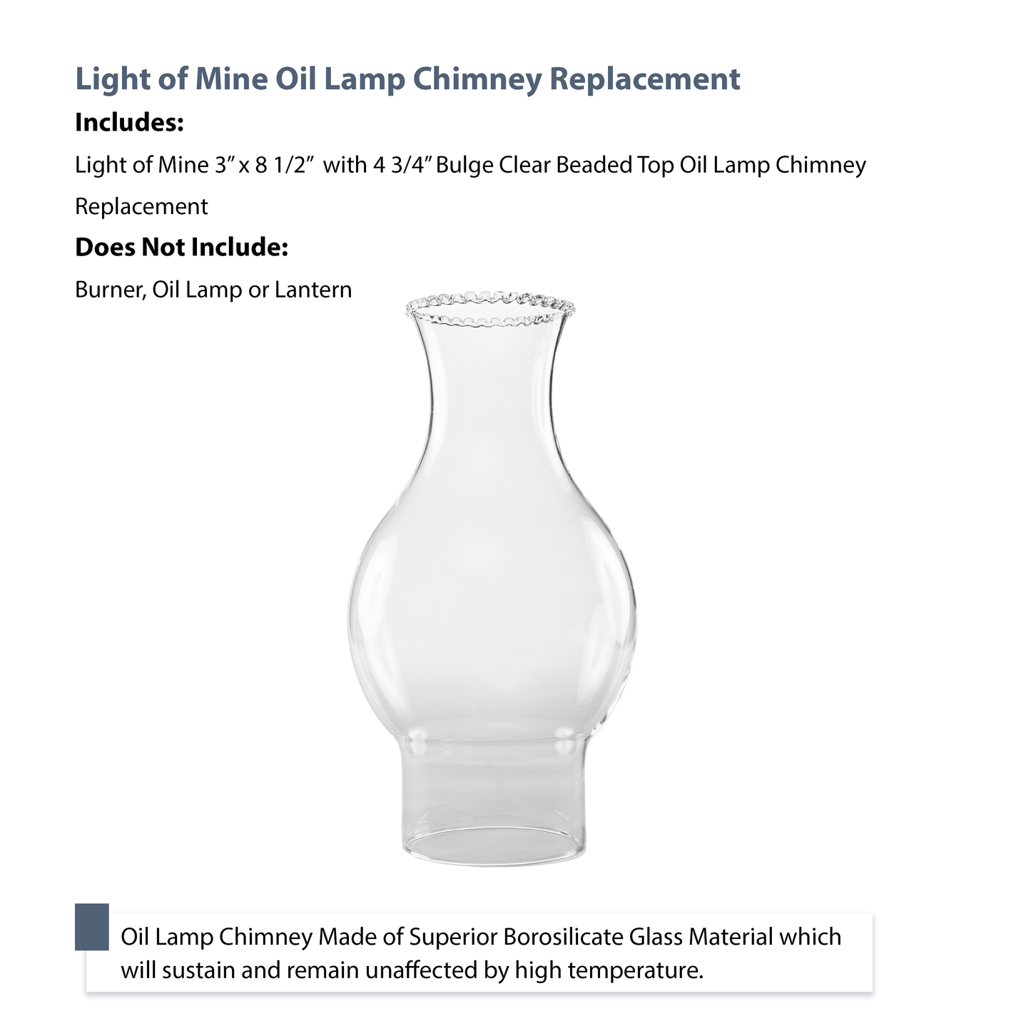 Light of Mine - 3" X 8.5" Chimney with 4.75" Bulge and Beaded Top Oil Lamp Replacement Chimney (3" X 8 1/2" with 4 3/4" Bulge)