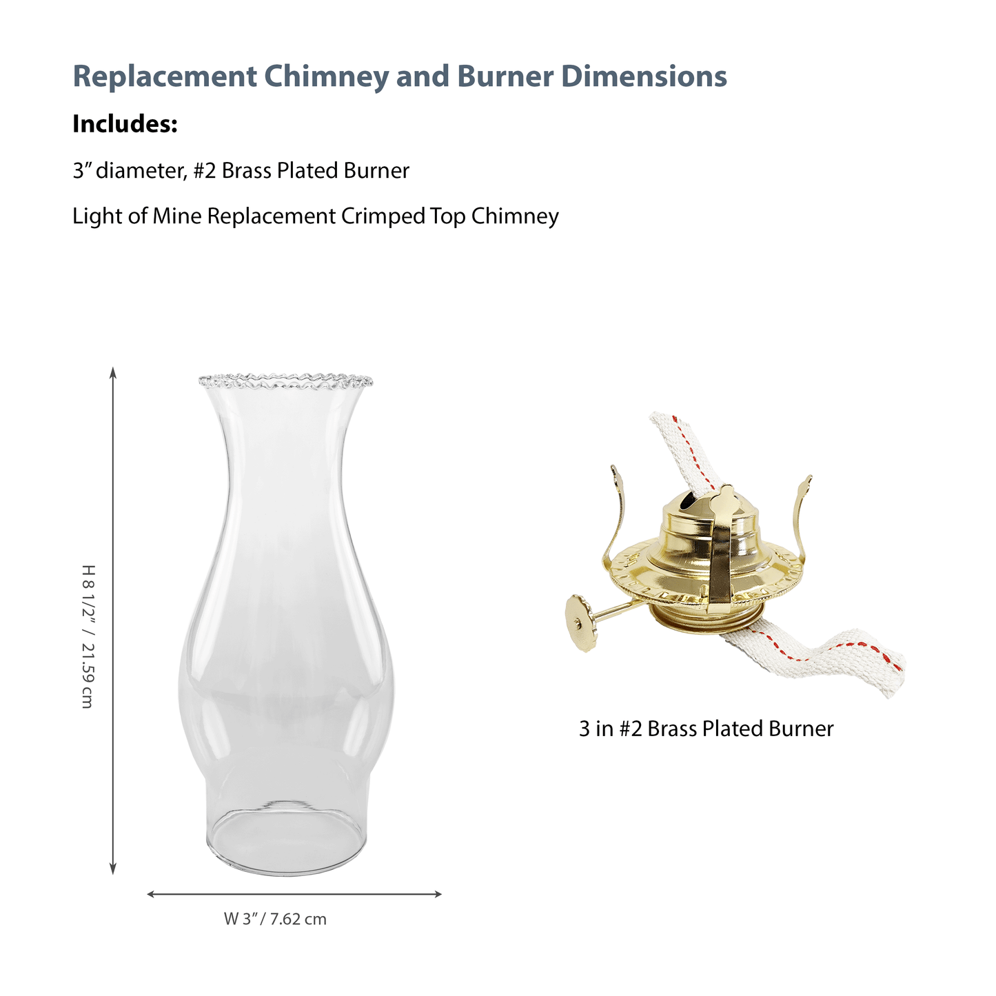 Light of Mine - Oil Lamp Replacement Kit Including 3" x 8 ½” Crimped Top Chimney and #2 Brass Plated Burner (Crimped Chimney, #2 Burner)
