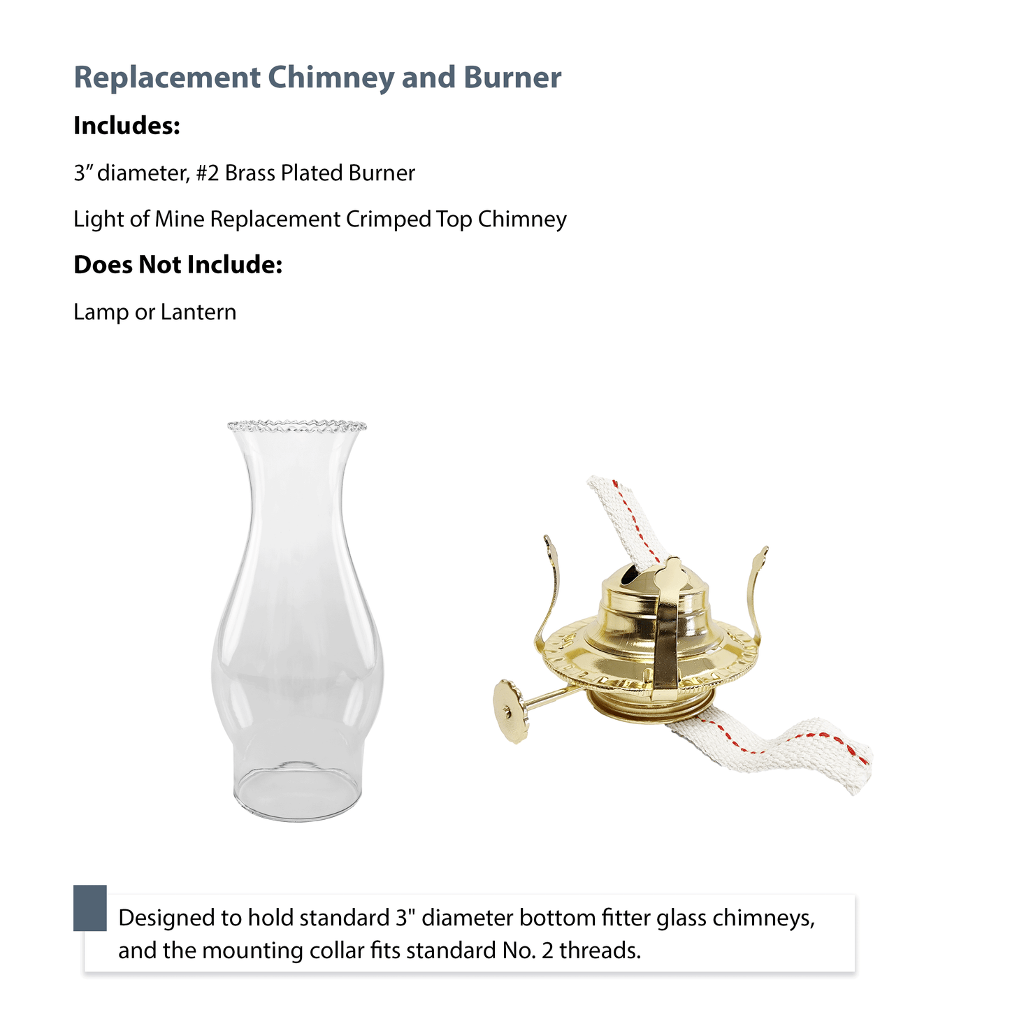 Light of Mine - Oil Lamp Replacement Kit Including 3" x 8 ½” Crimped Top Chimney and #2 Brass Plated Burner (Crimped Chimney, #2 Burner)