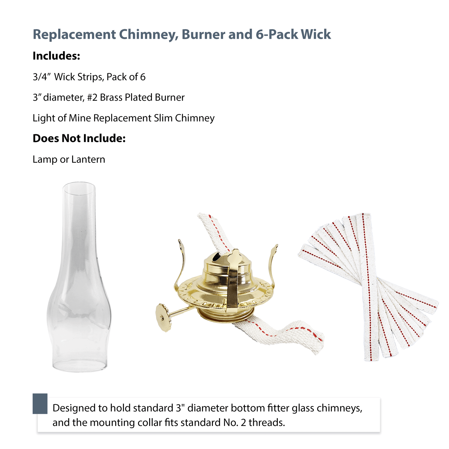Light of Mine - Oil Lamp Replacement Kit Including 3" x 10" Slim Chimney, #2 Brass Plated Burner, and 3/4" Replacement Wick Strips (3" x 10" Slim Chimney, #2 Burner, Wick)