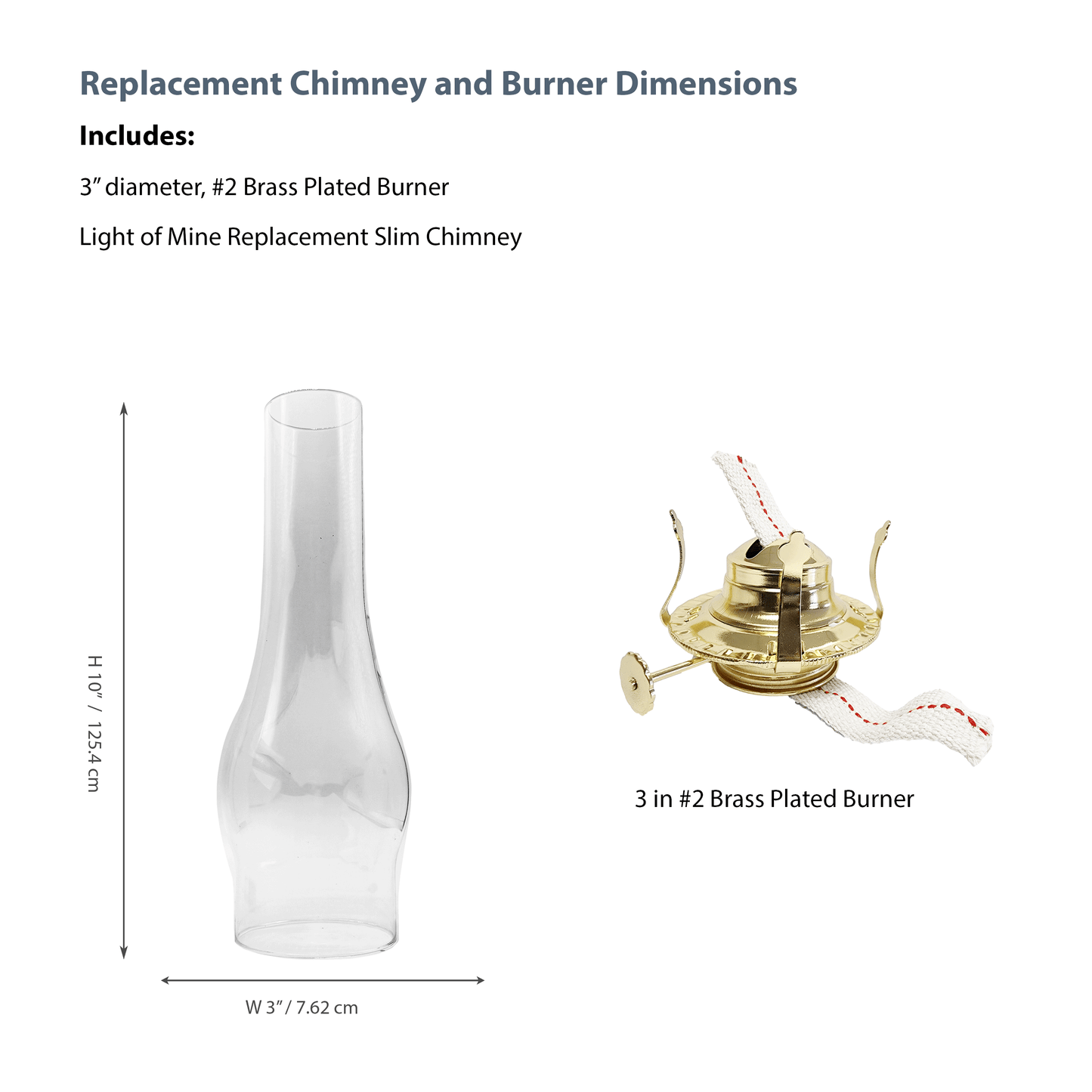 Light of Mine - Oil Lamp Replacement Kit Including 3" x 10" Slim Chimney and #2 Brass Plated Burner (3" x 10" Slim Chimney, #2 Burner)
