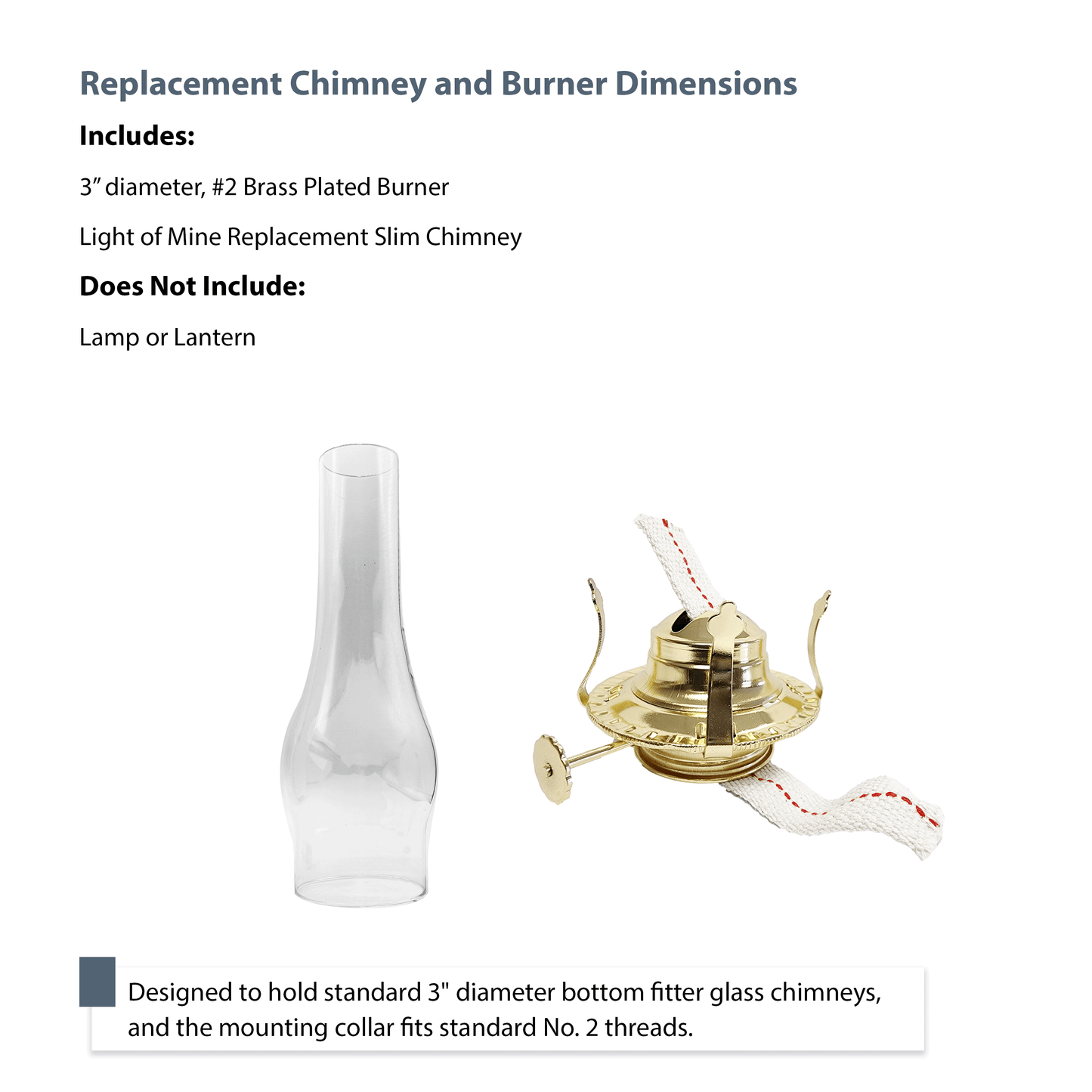 Light of Mine - Oil Lamp Replacement Kit Including 3" x 10" Slim Chimney and #2 Brass Plated Burner (3" x 10" Slim Chimney, #2 Burner)