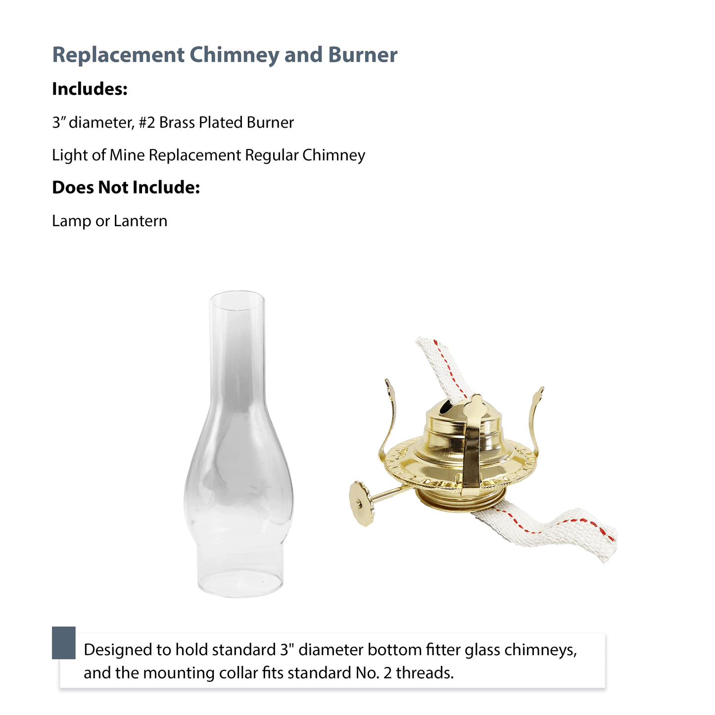 Light of Mine - Oil Lamp Replacement Kit Including 3" x 10" Chimney and #2 Brass Plated Burner (3" x 10" Chimney, #2 Burner)