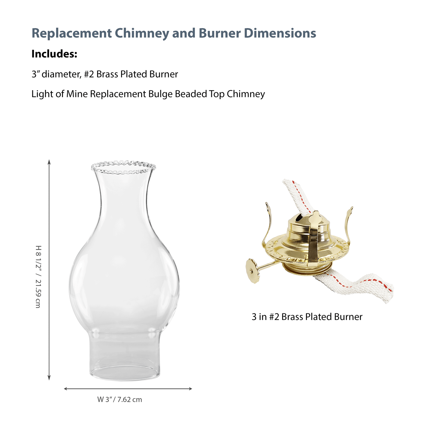 Light of Mine - Oil Lamp Replacement Kit Including 3" x 8 ½" with 4 ¾" Bulge Beaded Top Chimney and #2 Brass Plated Burner (Beaded Chimney, #2 Burner)