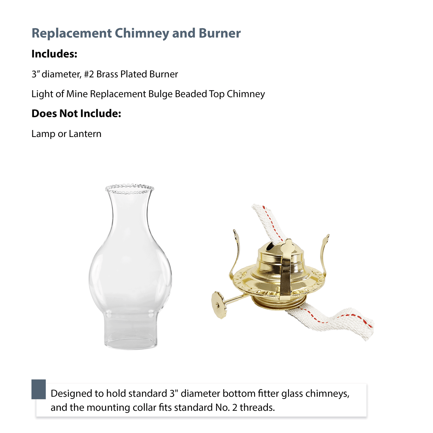 Light of Mine - Oil Lamp Replacement Kit Including 3" x 8 ½" with 4 ¾" Bulge Beaded Top Chimney and #2 Brass Plated Burner (Beaded Chimney, #2 Burner)