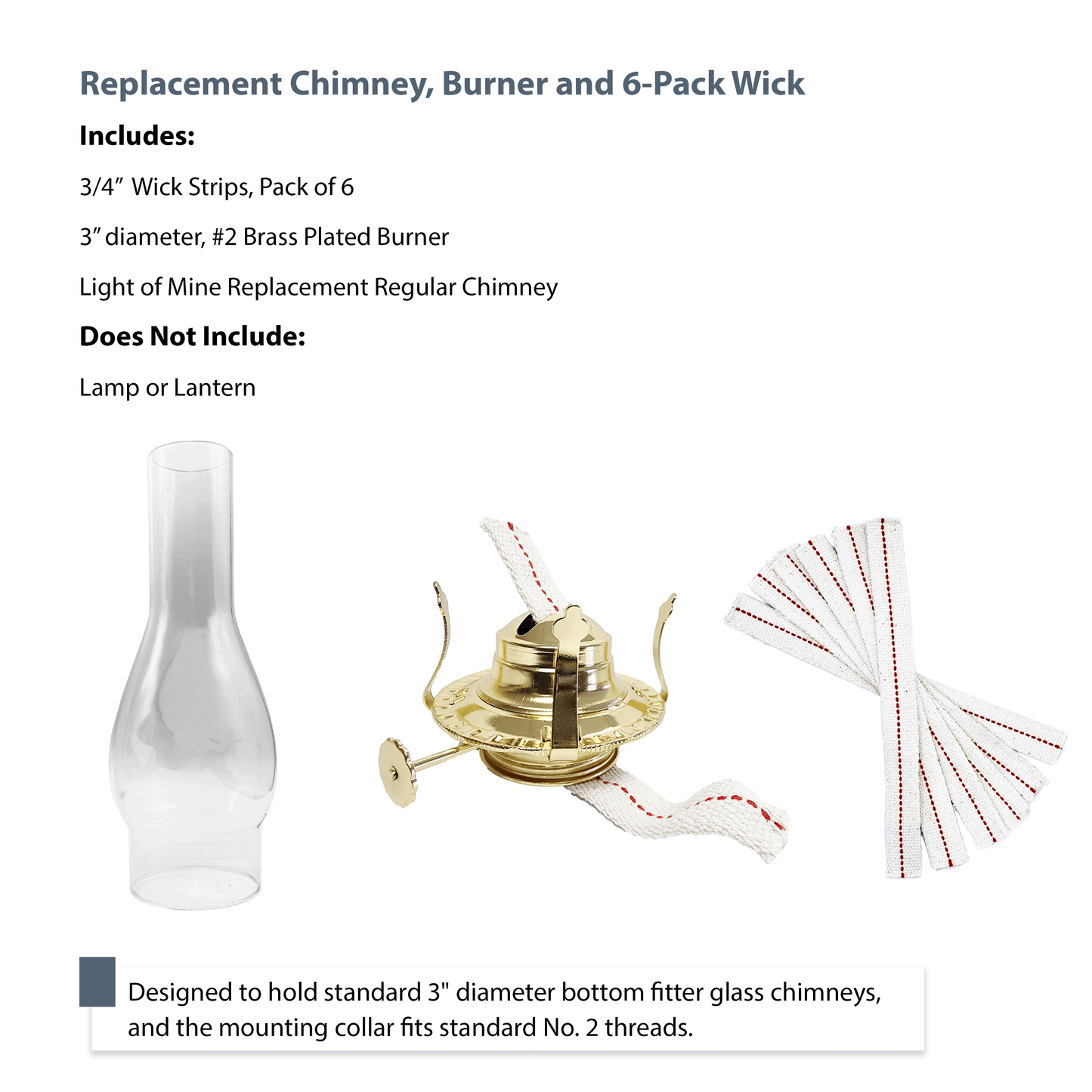 Light of Mine - Oil Lamp Replacement Kit Including 3" x 10" Chimney, #2 Brass Plated Burner, and 3/4" Replacement Wick Strips (3" x 10" Chimney, #2 Burner, Wick)