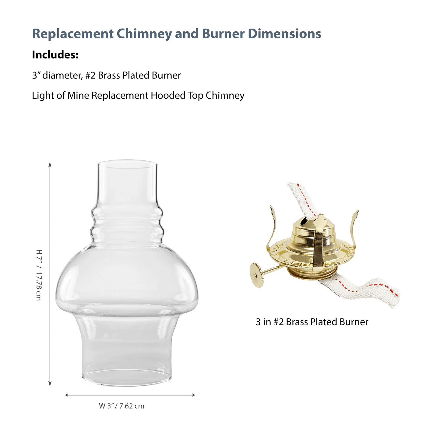 Light of Mine - Oil Lamp Replacement Kit Including 3" x 7" Hooded Chimney and #2 Brass Plated Burner (Hooded Chimney, #2 Burner)