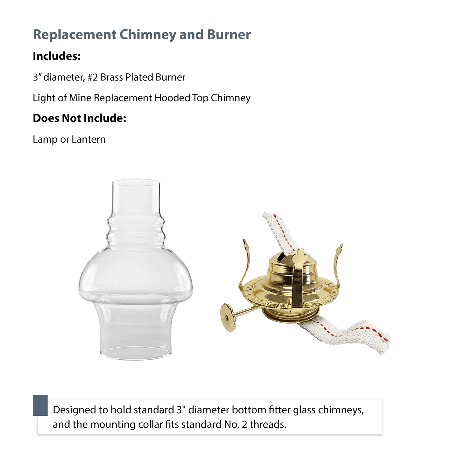 Light of Mine - Oil Lamp Replacement Kit Including 3" x 7" Hooded Chimney and #2 Brass Plated Burner (Hooded Chimney, #2 Burner)