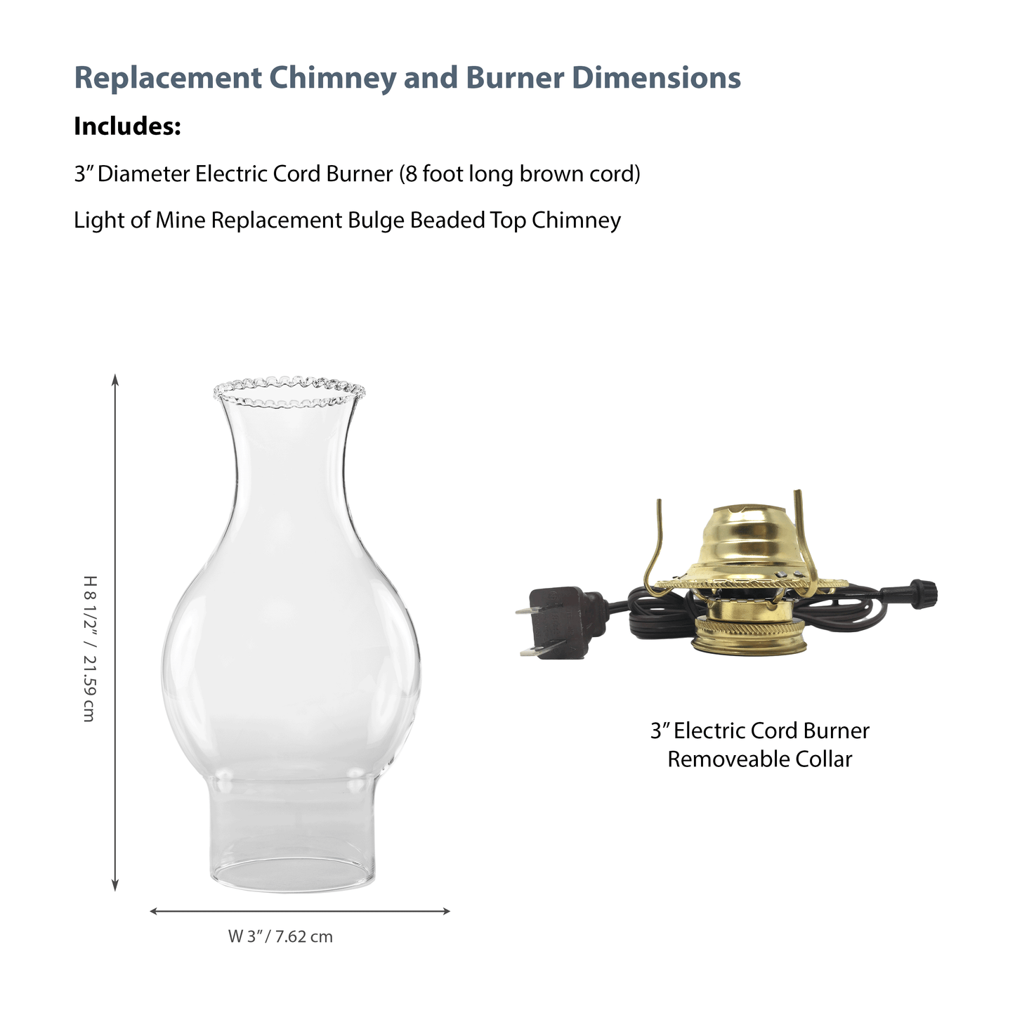 Light of Mine - 3" x 8 ½” Beaded Top Replacement Chimney for Oil Lamp with Electric Brown Cord Burner (3" x 8.5" Beaded Top Chimney, Brown Corded burner)